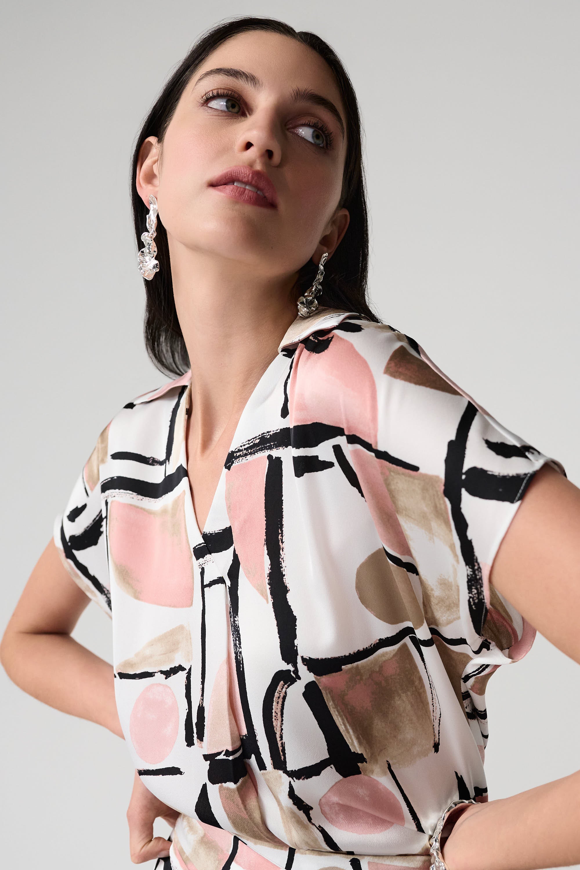 Abstract Print Satin V-neck Top