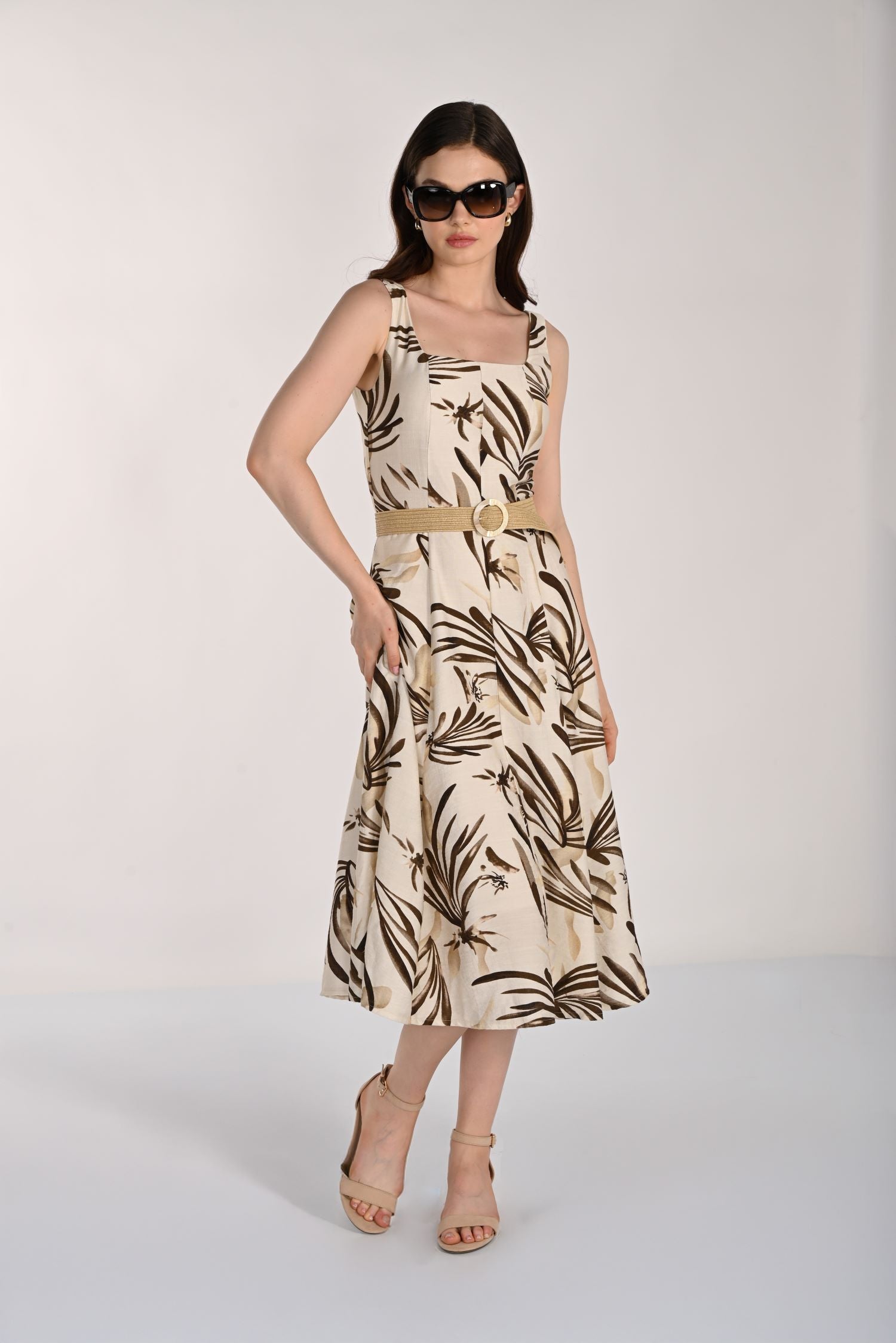 Leaf Print Fit & Flare Midi