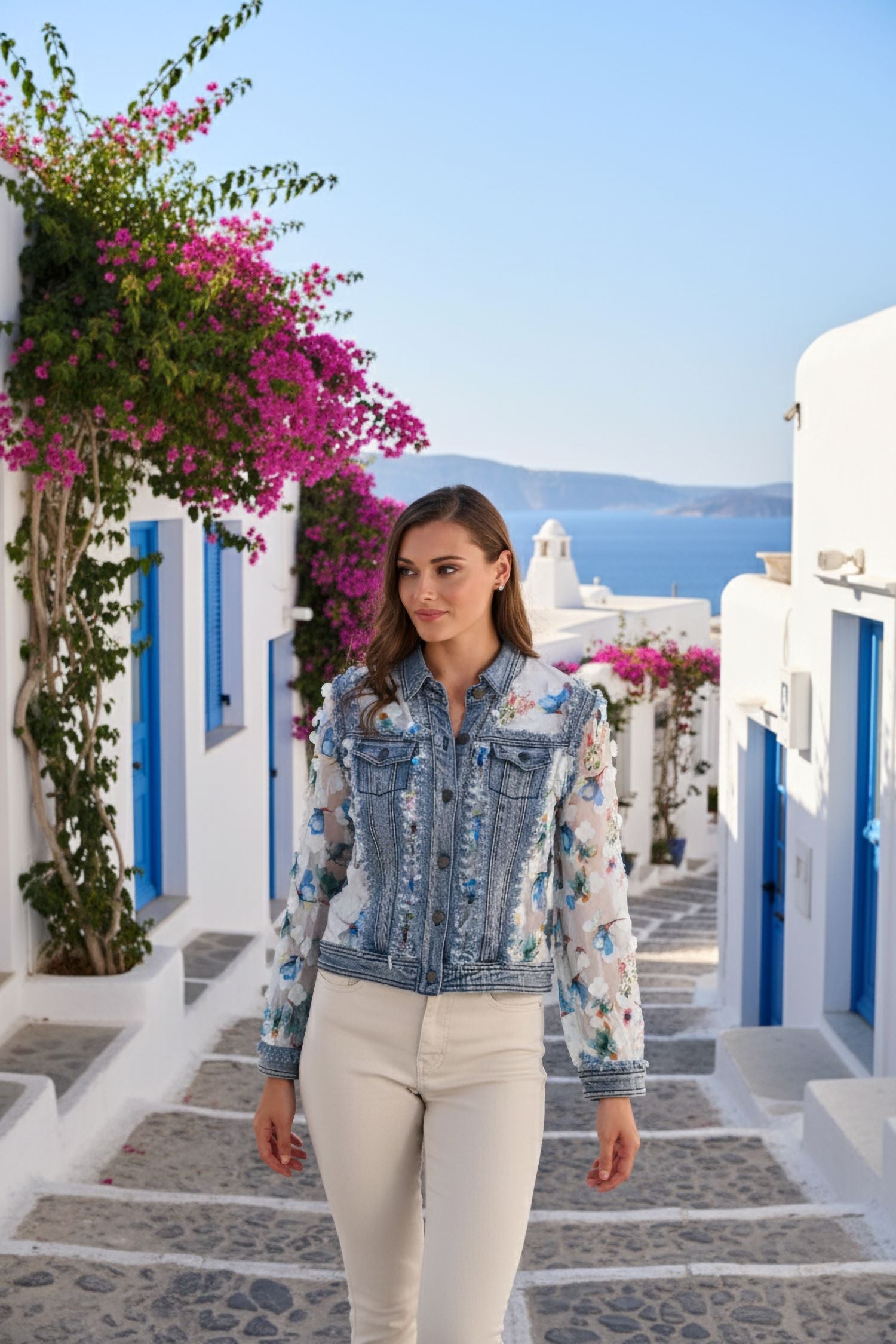 Chiffon Floral Sleeve Jean Jacket