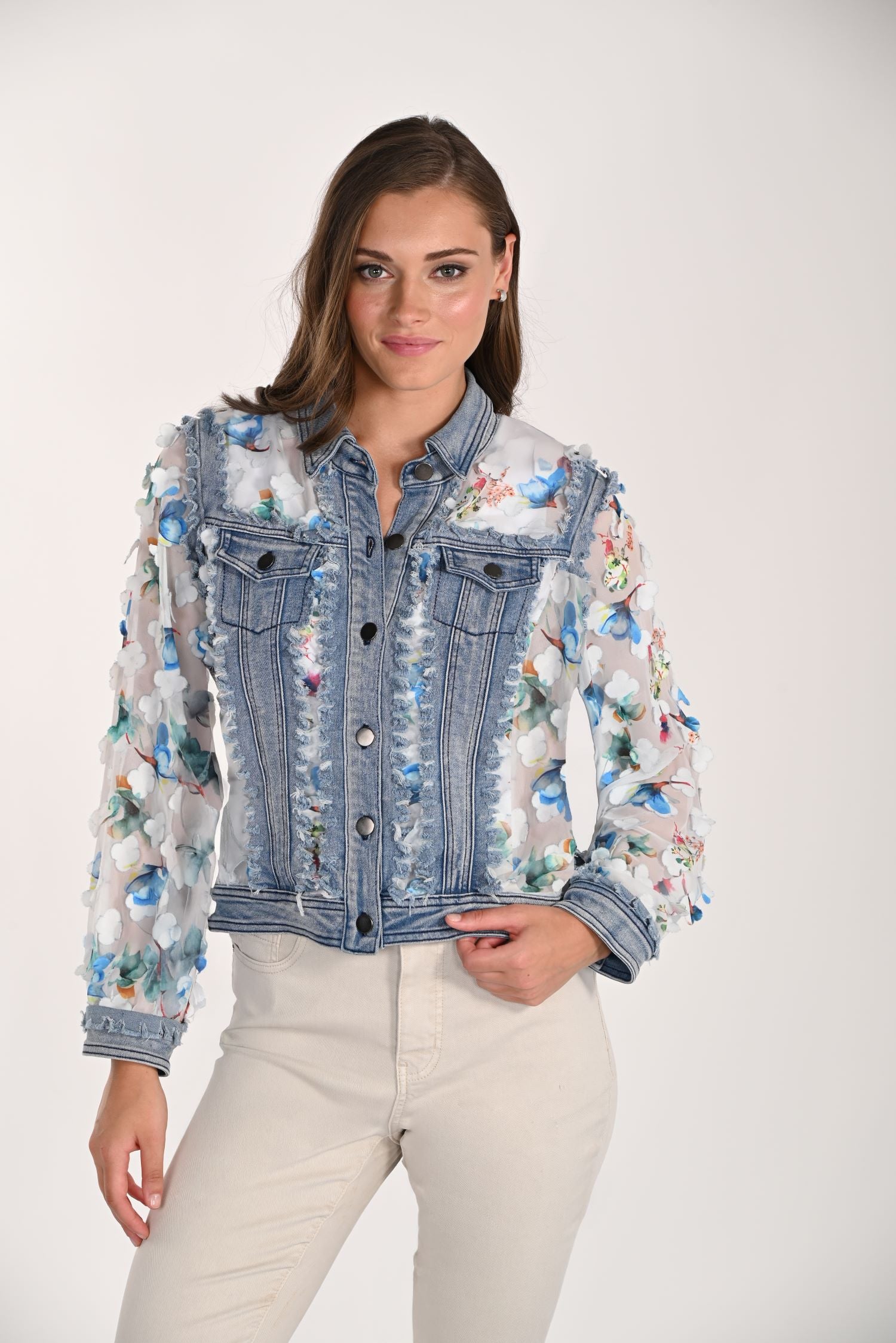 Chiffon Floral Sleeve Jean Jacket
