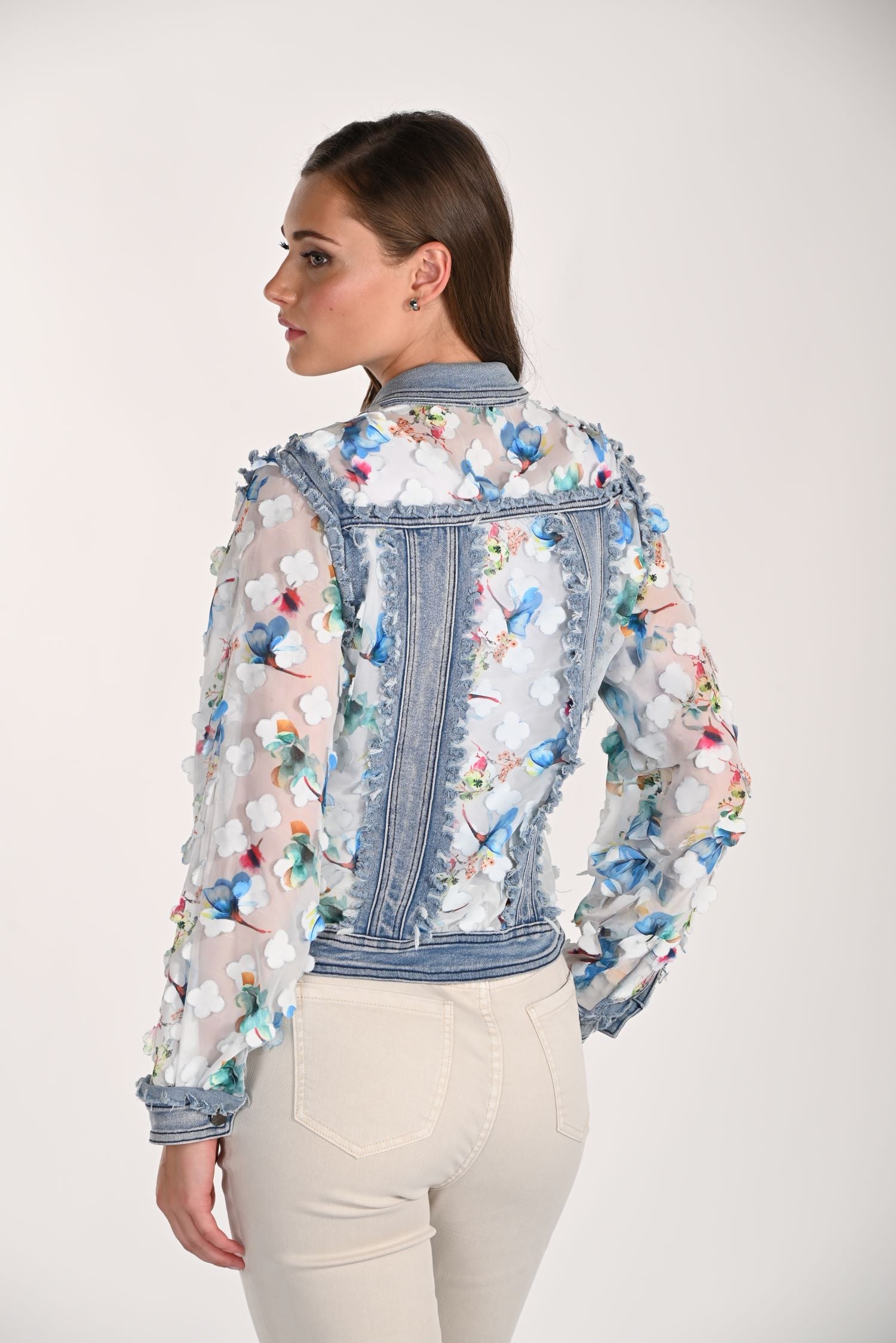 Chiffon Floral Sleeve Jean Jacket