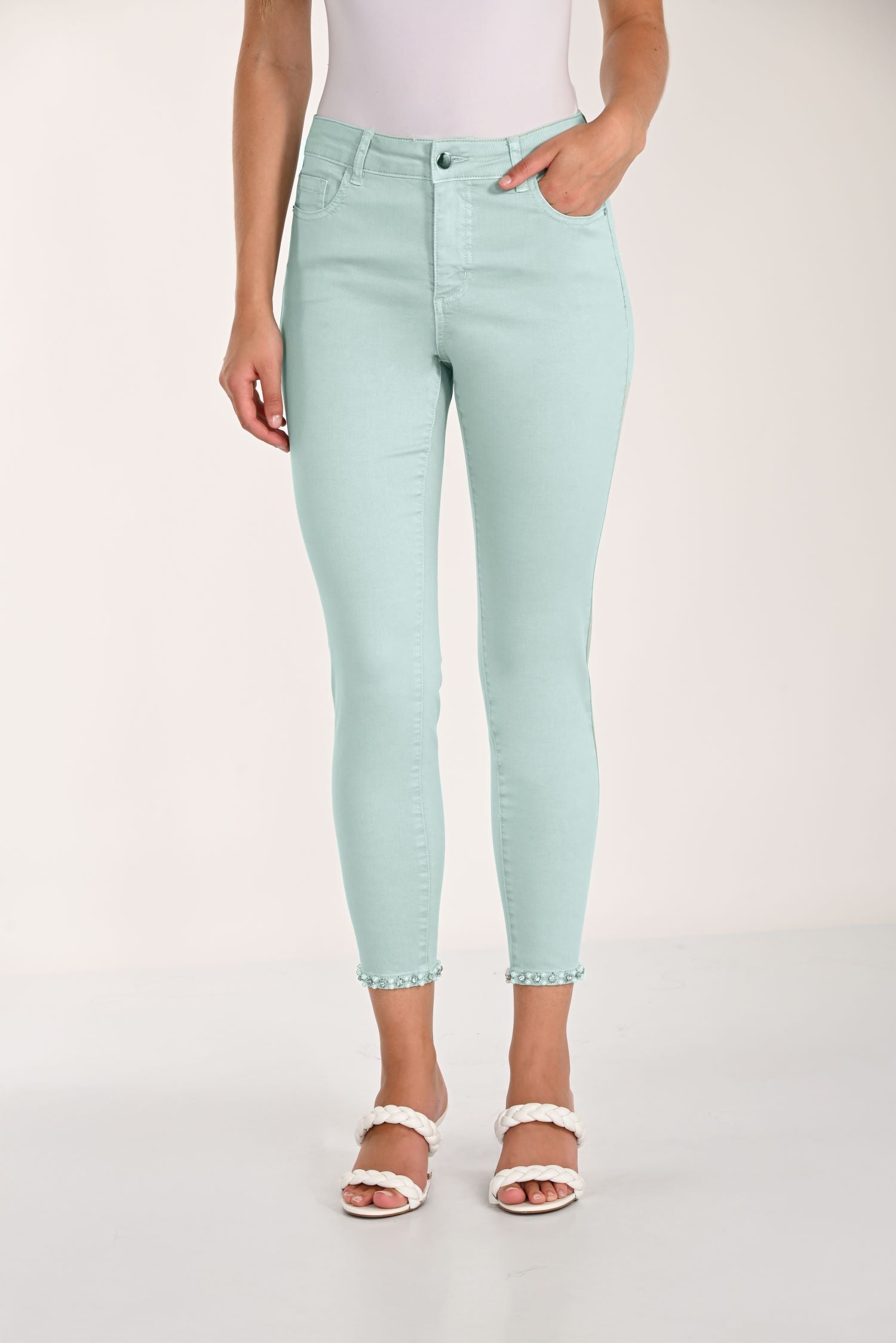 Rhinestone & Pearl Trim Ankle Jean