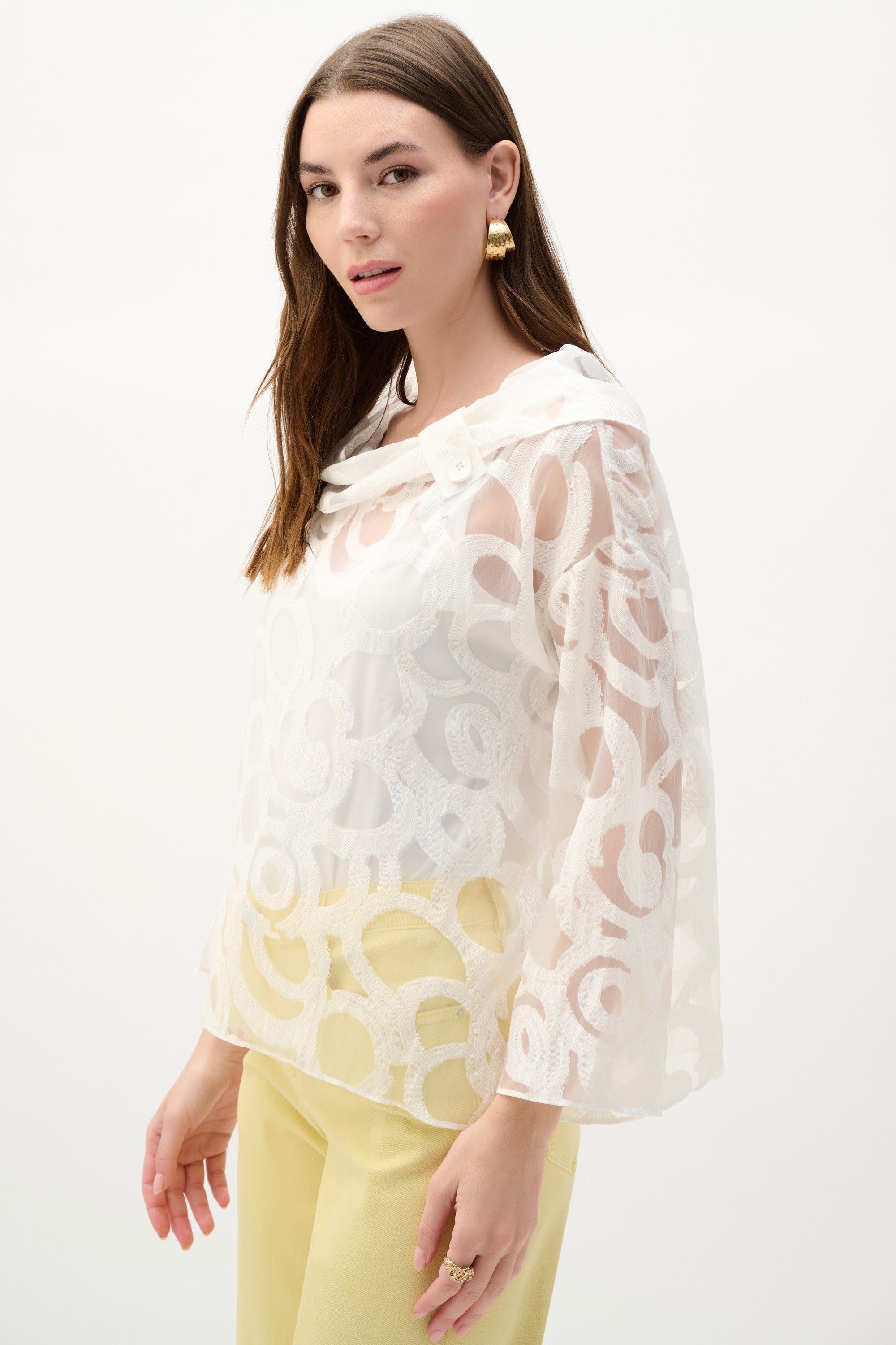 Circle Print Organza Cowl Neck Top