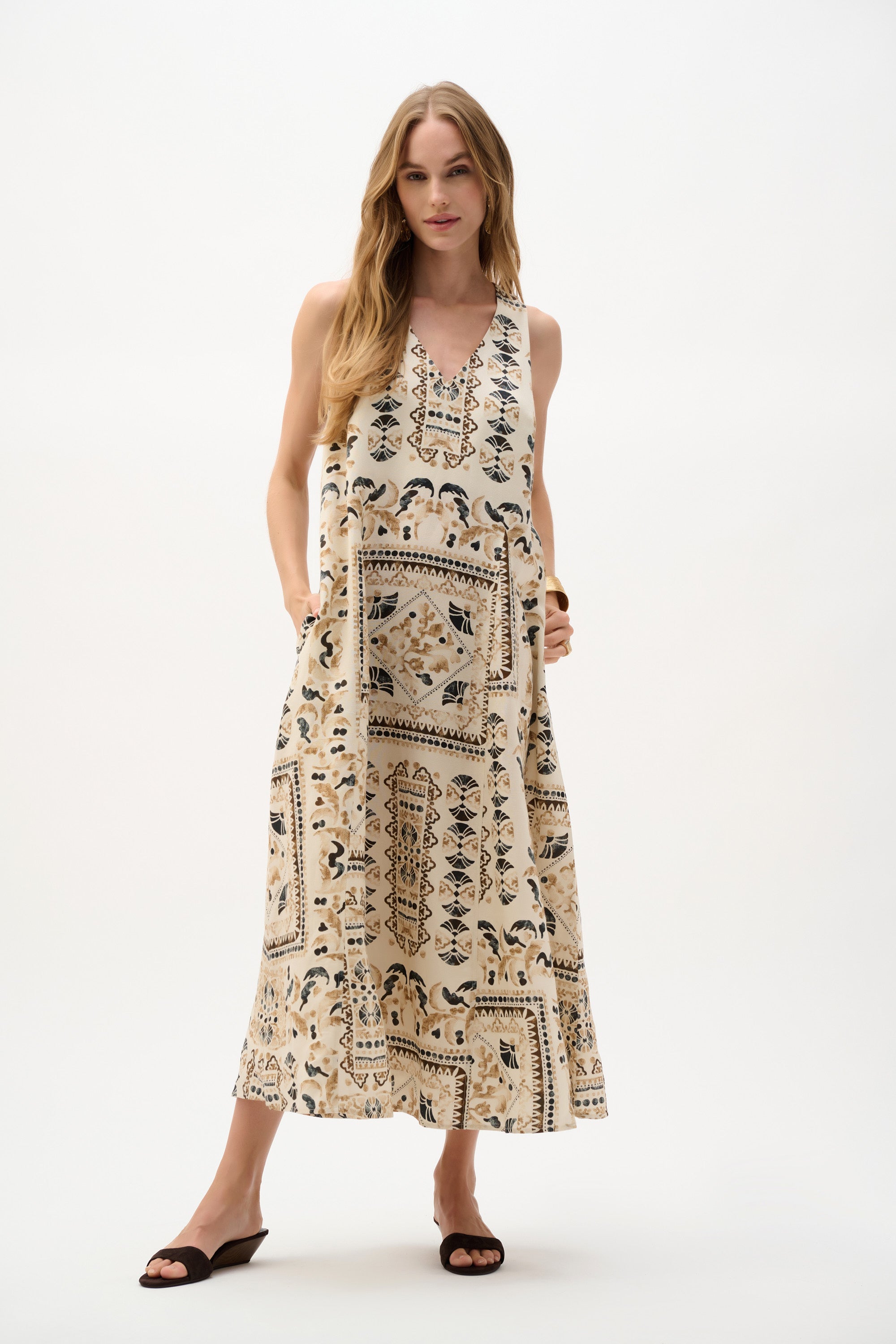 Geometric Print Linen Blend Midi Dress