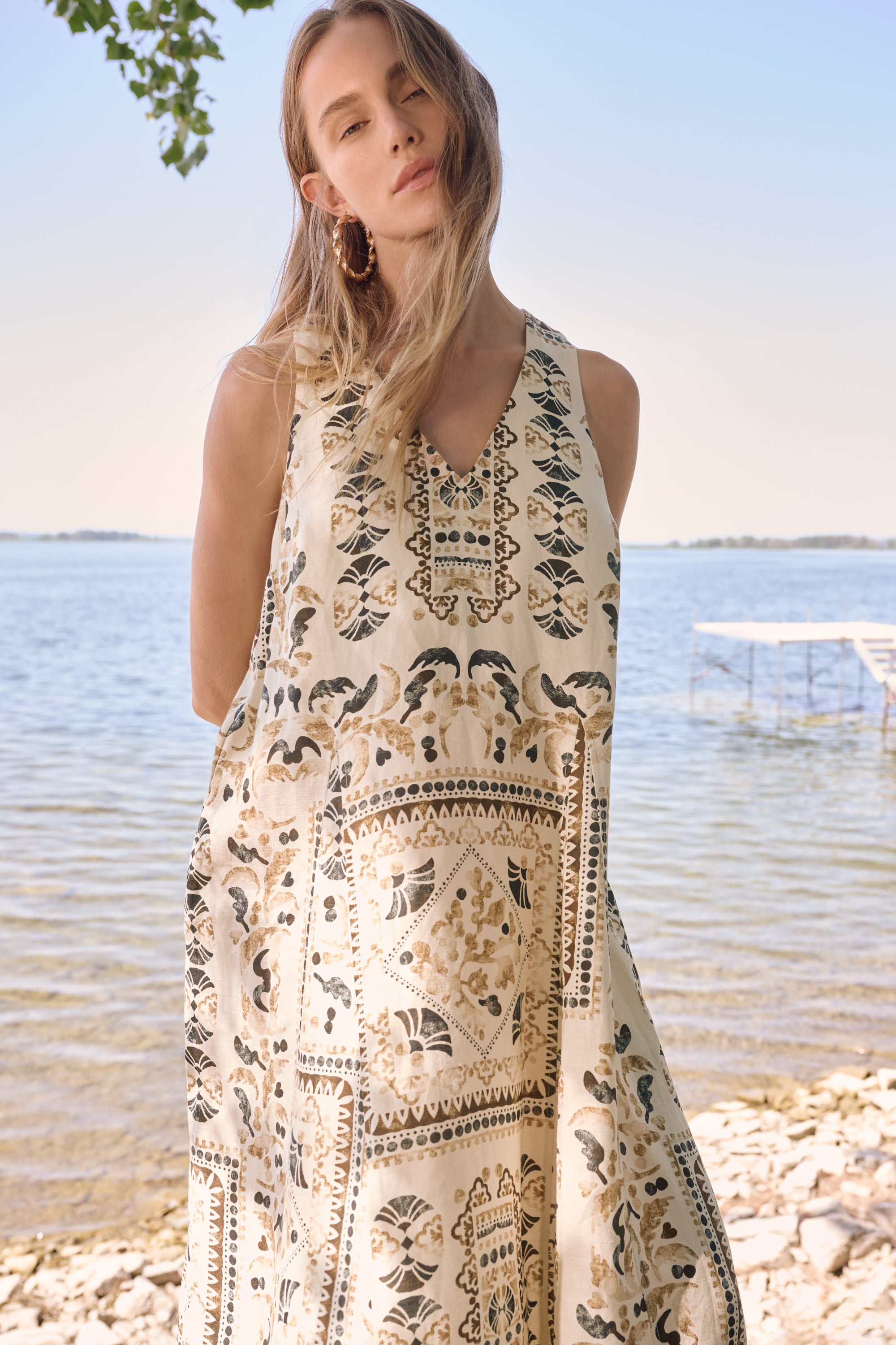 Geometric Print Linen Blend Midi Dress