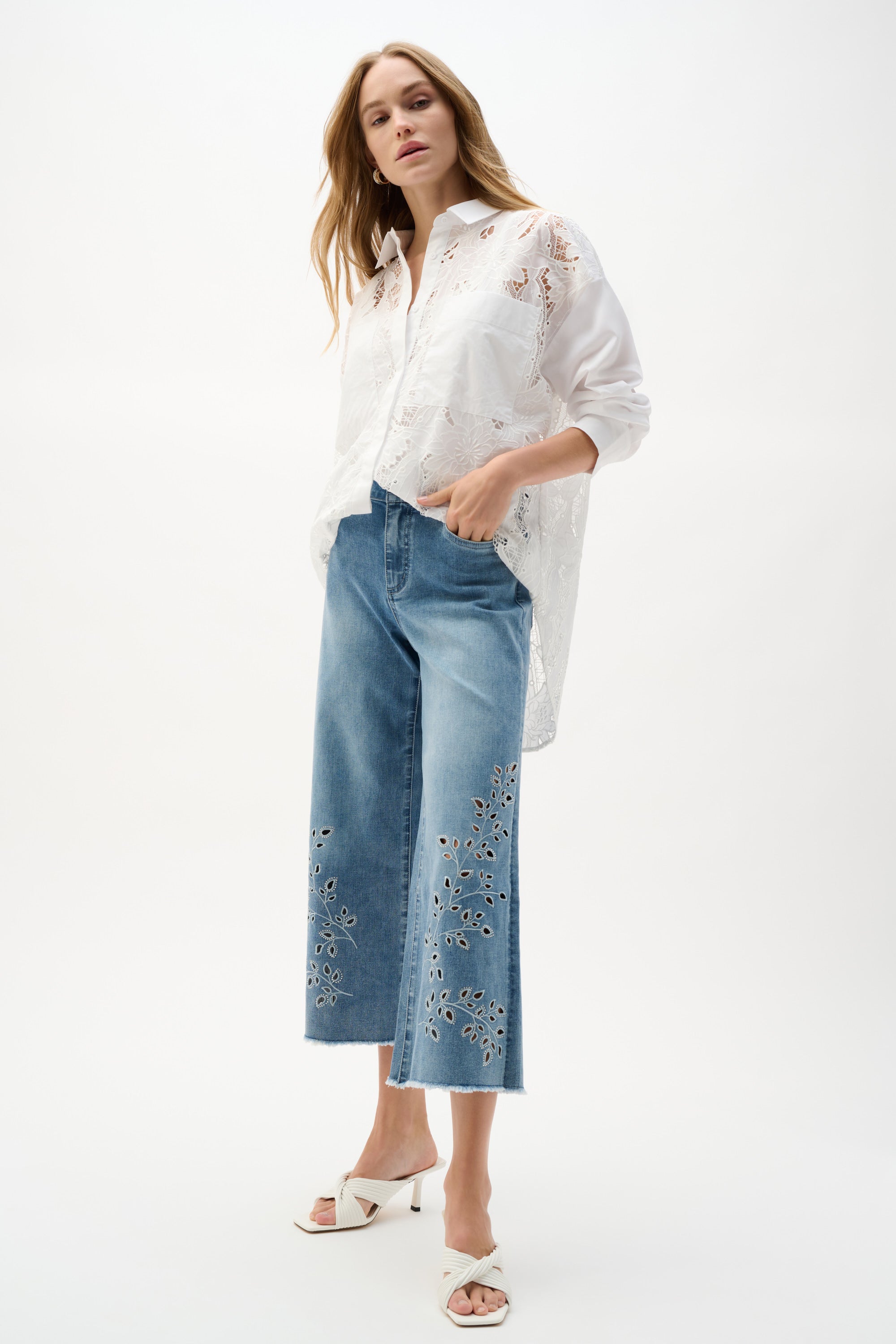 Flower Embroidery Wide Leg Jean Culotte
