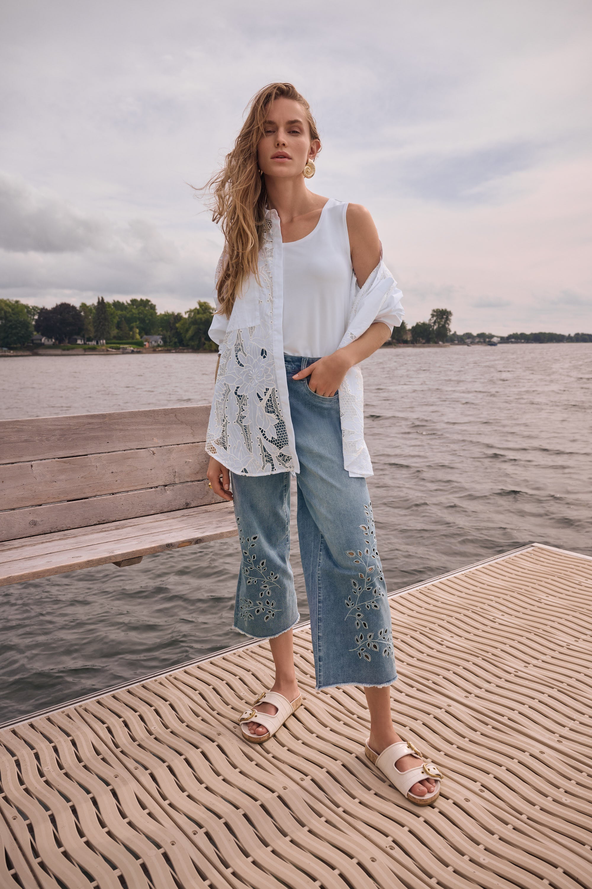 Flower Embroidery Wide Leg Jean Culotte