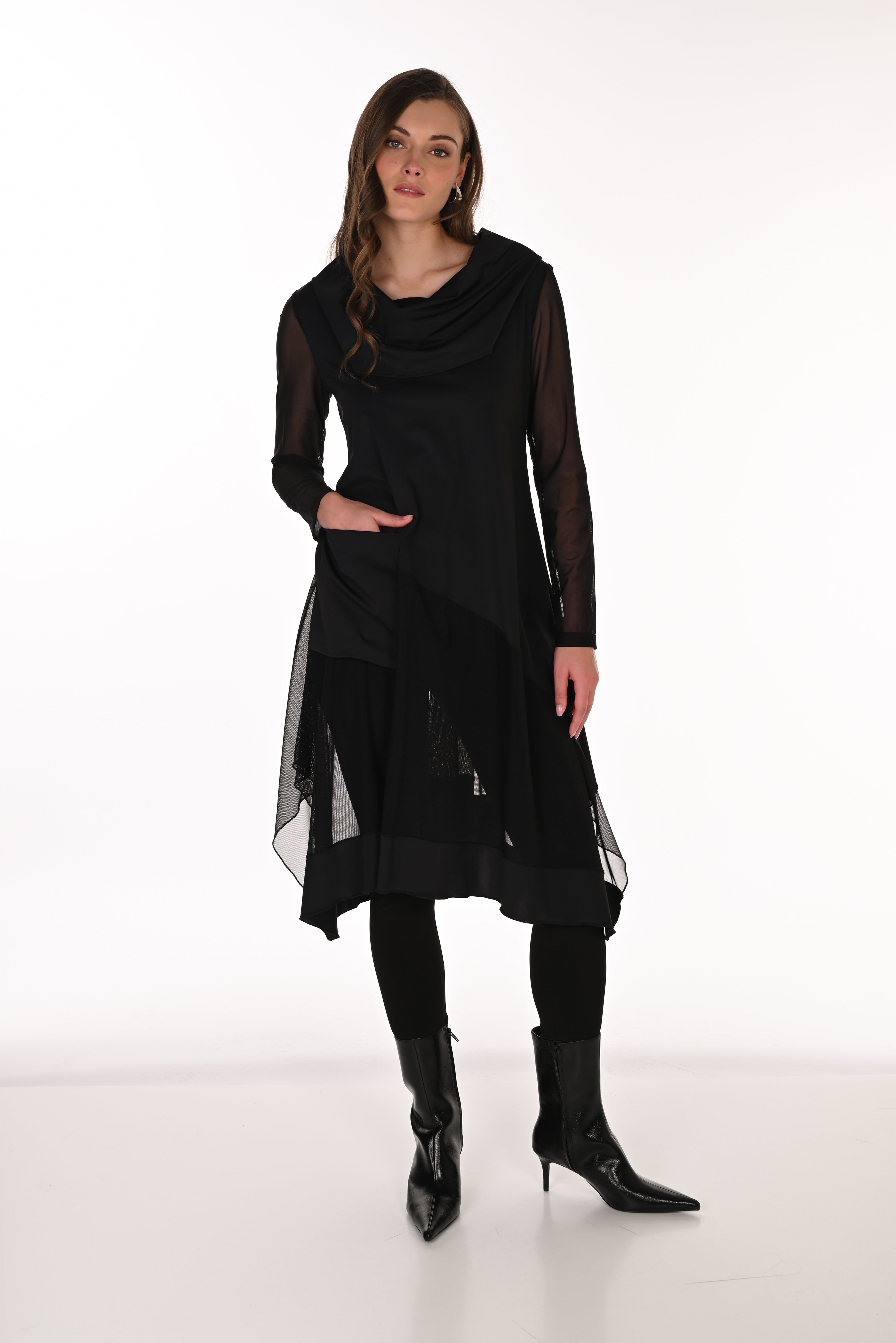 Cowl Neck Mesh Panel Tunic Top