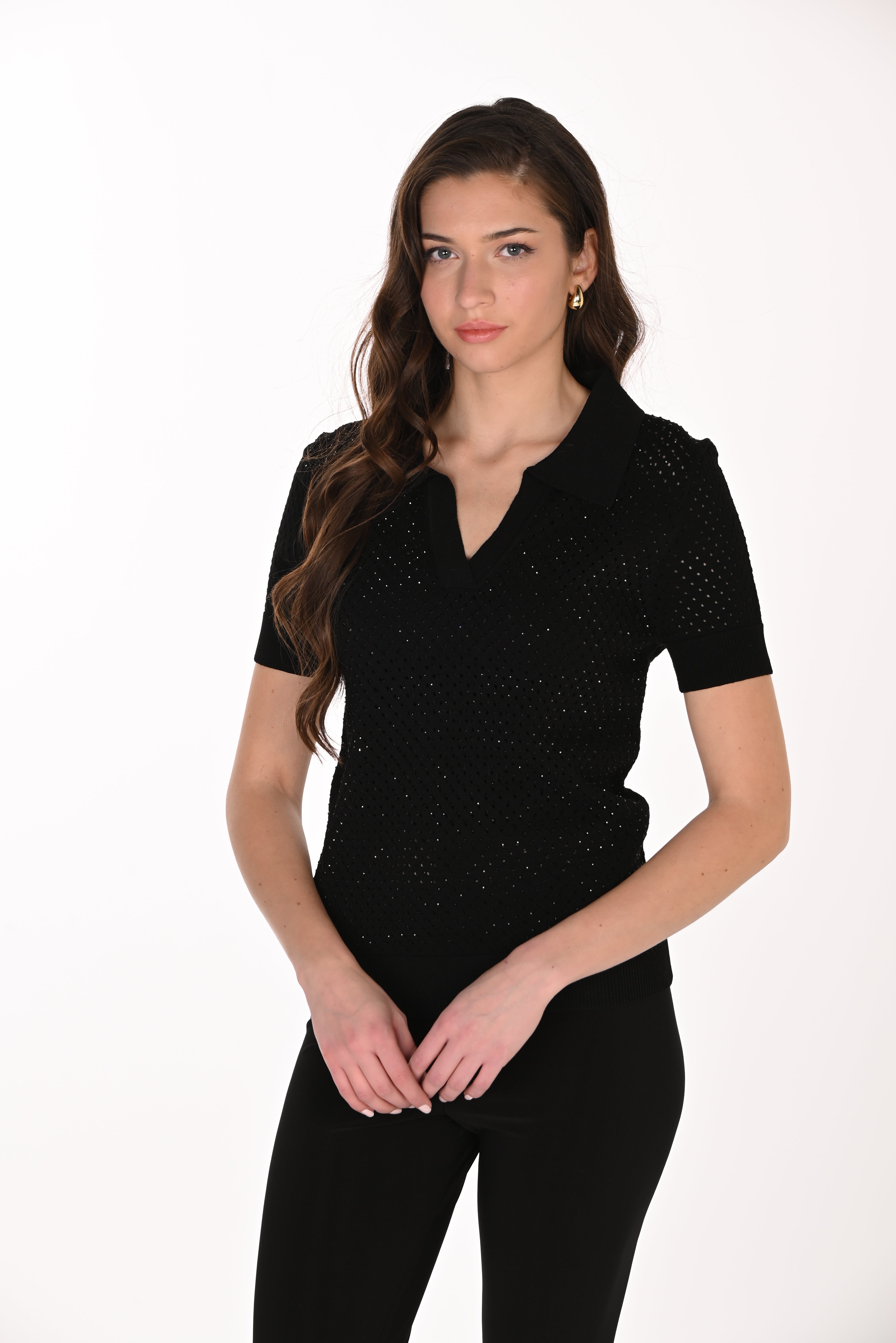 Pointelle Knit Polo Collar Sweater