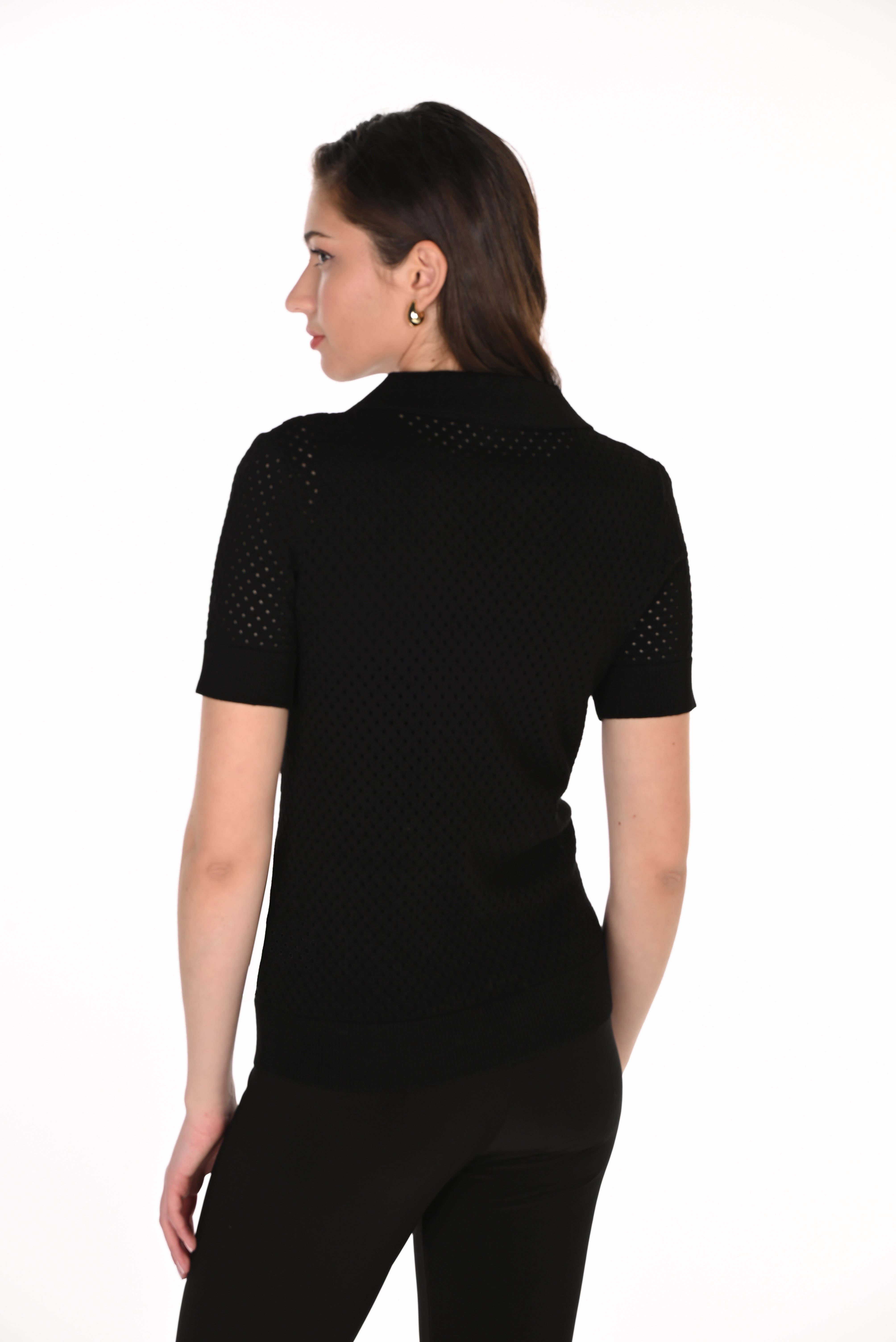 Pointelle Knit Polo Collar Sweater