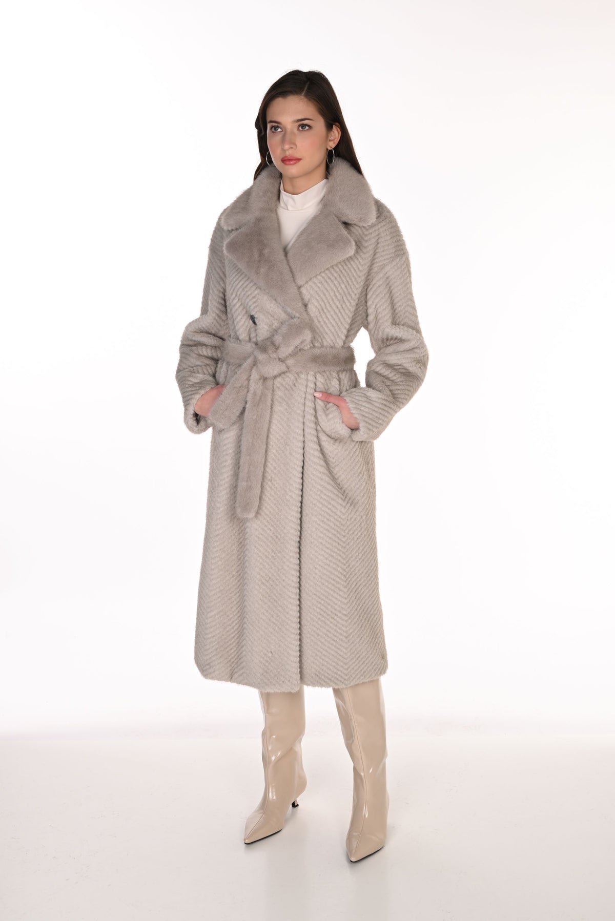 Faux Fur Notch Collar Tie Coat