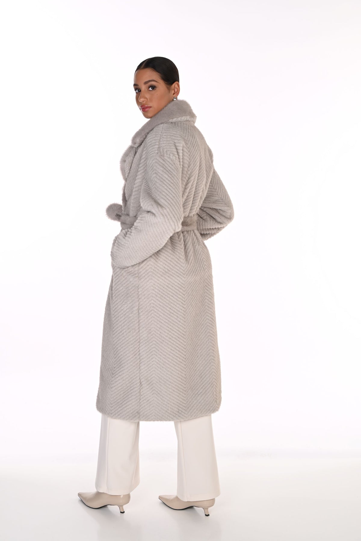 Faux Fur Notch Collar Tie Coat