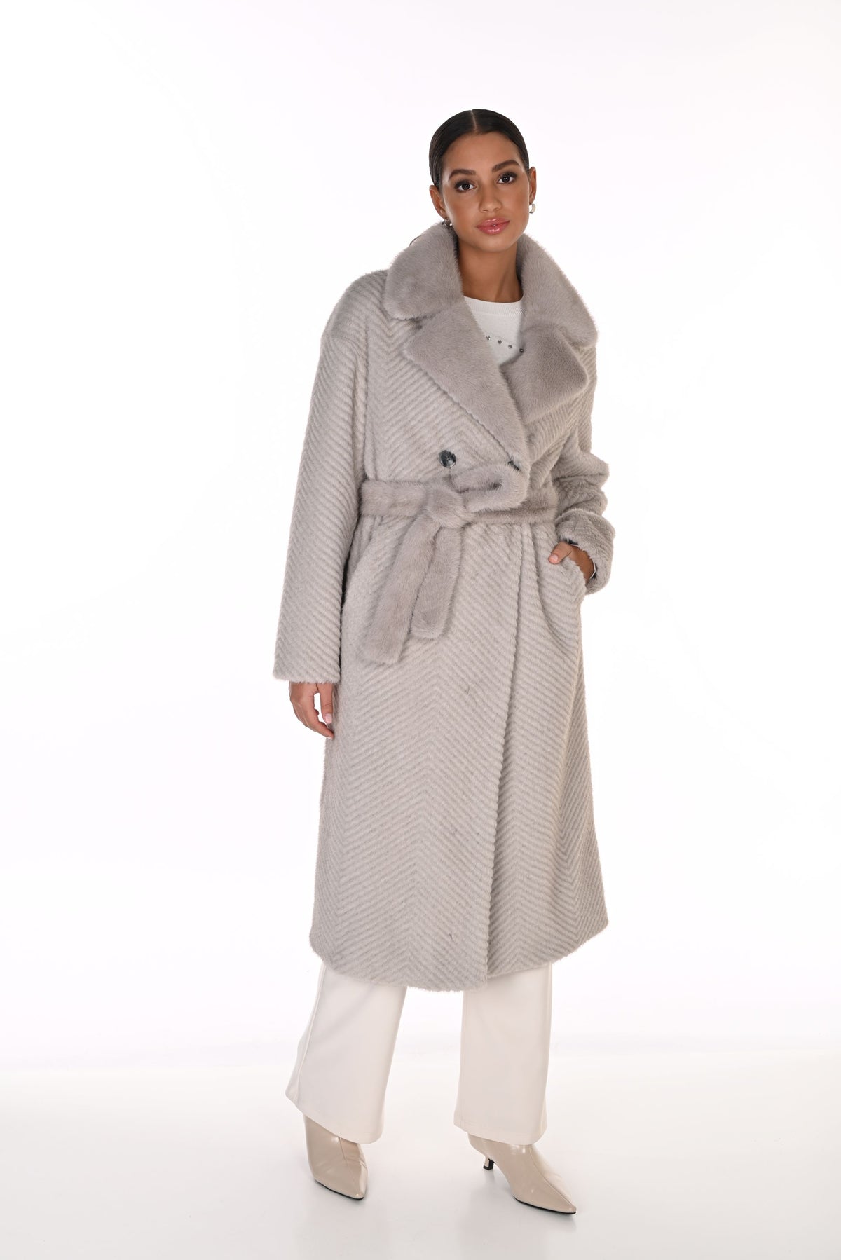 Faux Fur Notch Collar Tie Coat