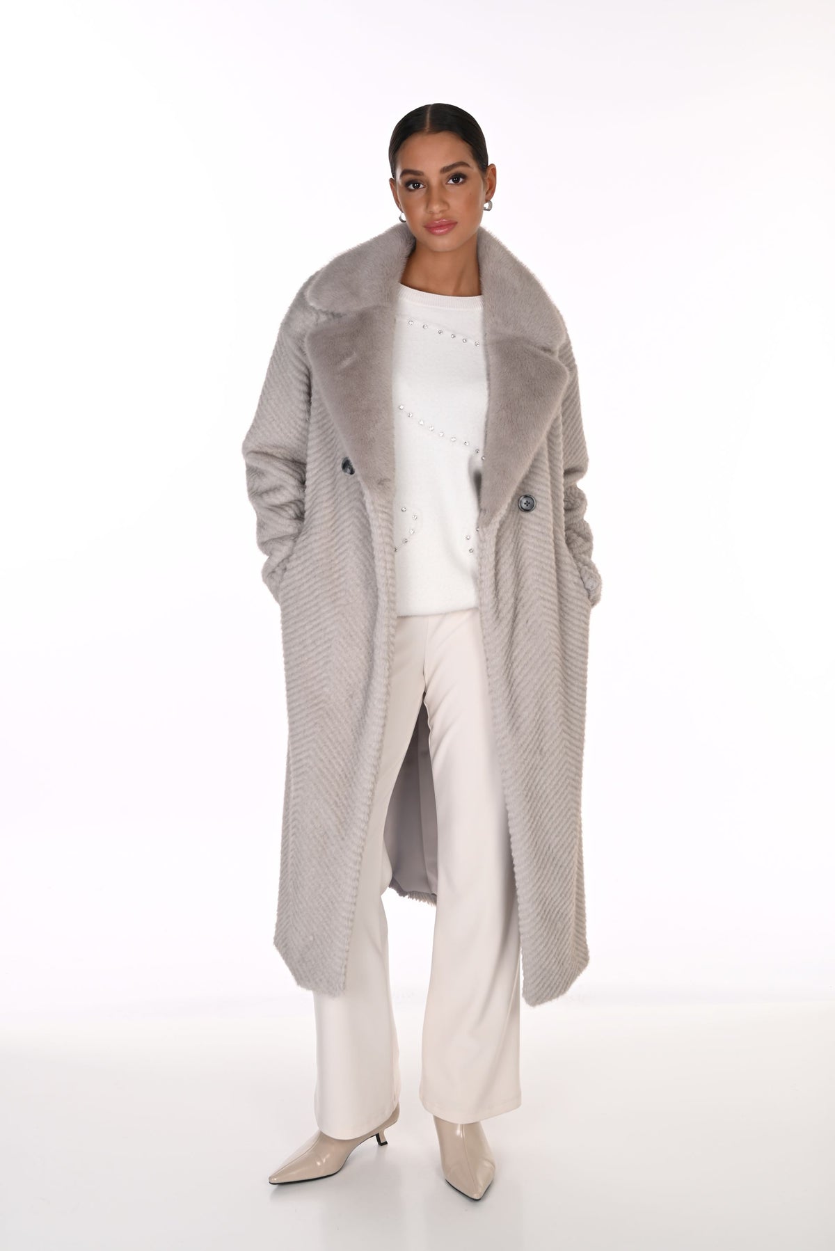 Faux Fur Notch Collar Tie Coat