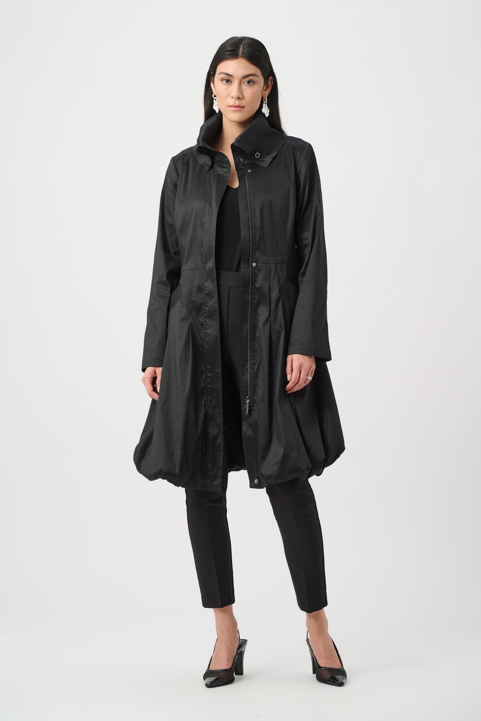 Taffeta Zip Front Bubble Hem Coat