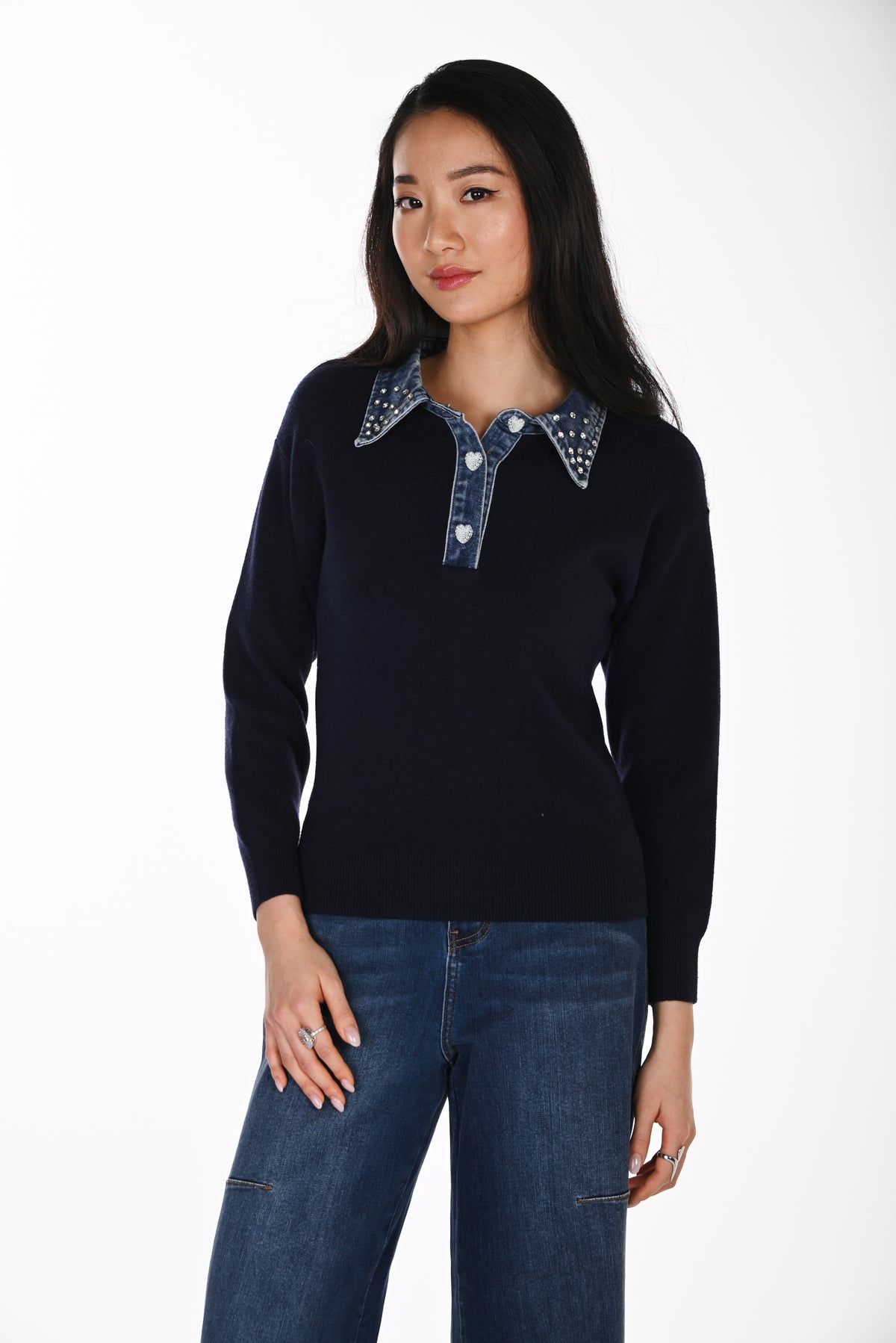 Denim Rhinestone Collar Sweater