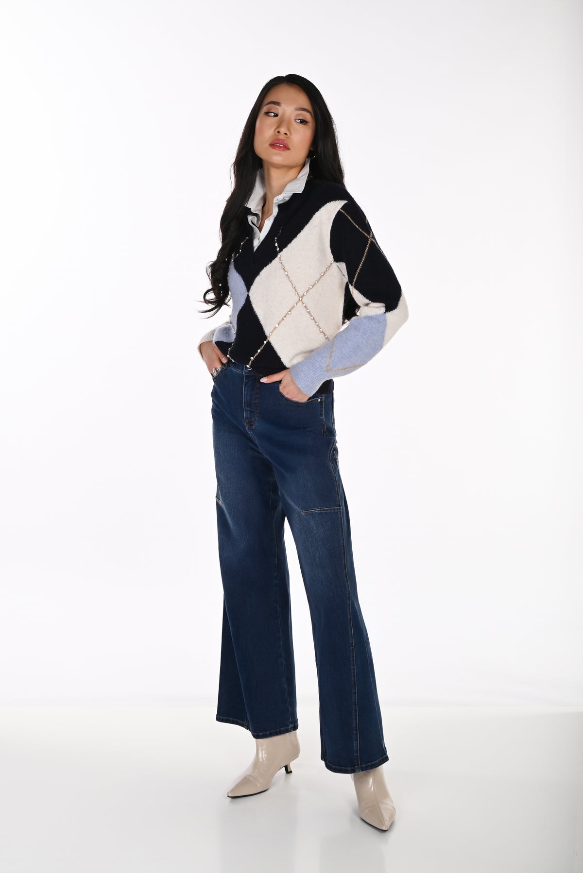 Shirt Collar Argyle Sweater
