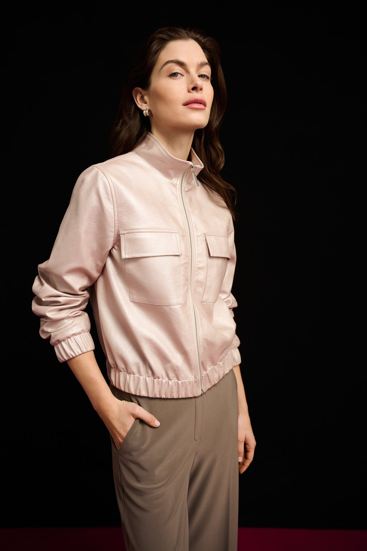 Faux Leather Zip Front Bomber Jacket