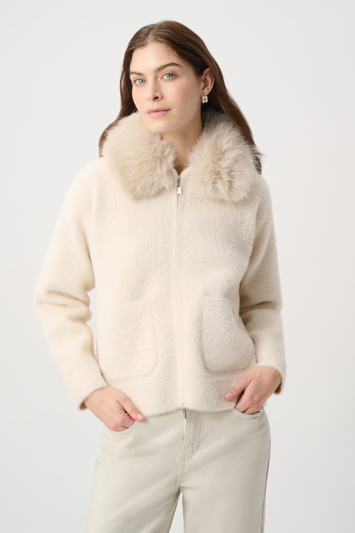 Faux Fur Collar Zip Front Knit Jacket