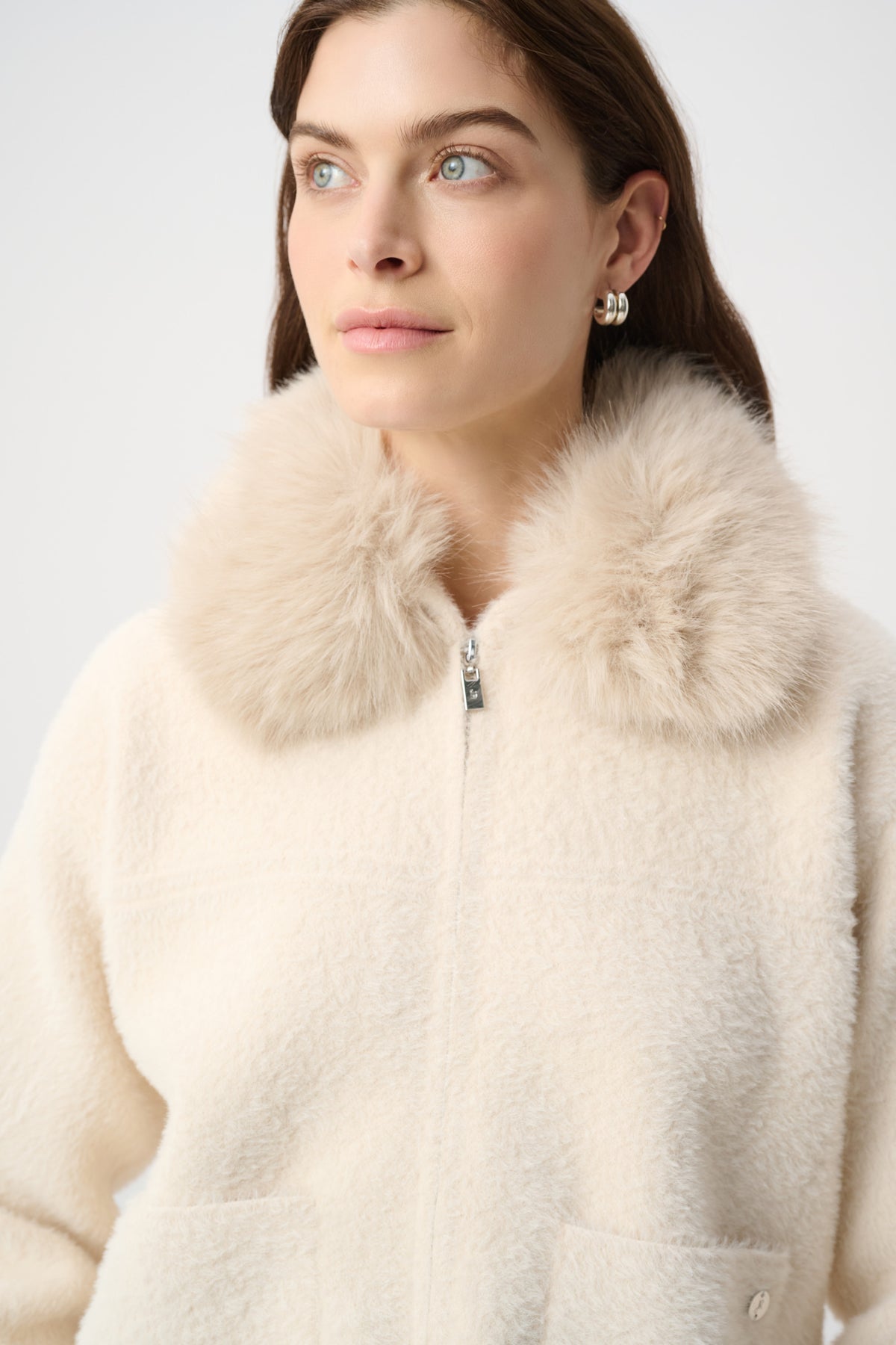 Faux Fur Collar Zip Front Knit Jacket