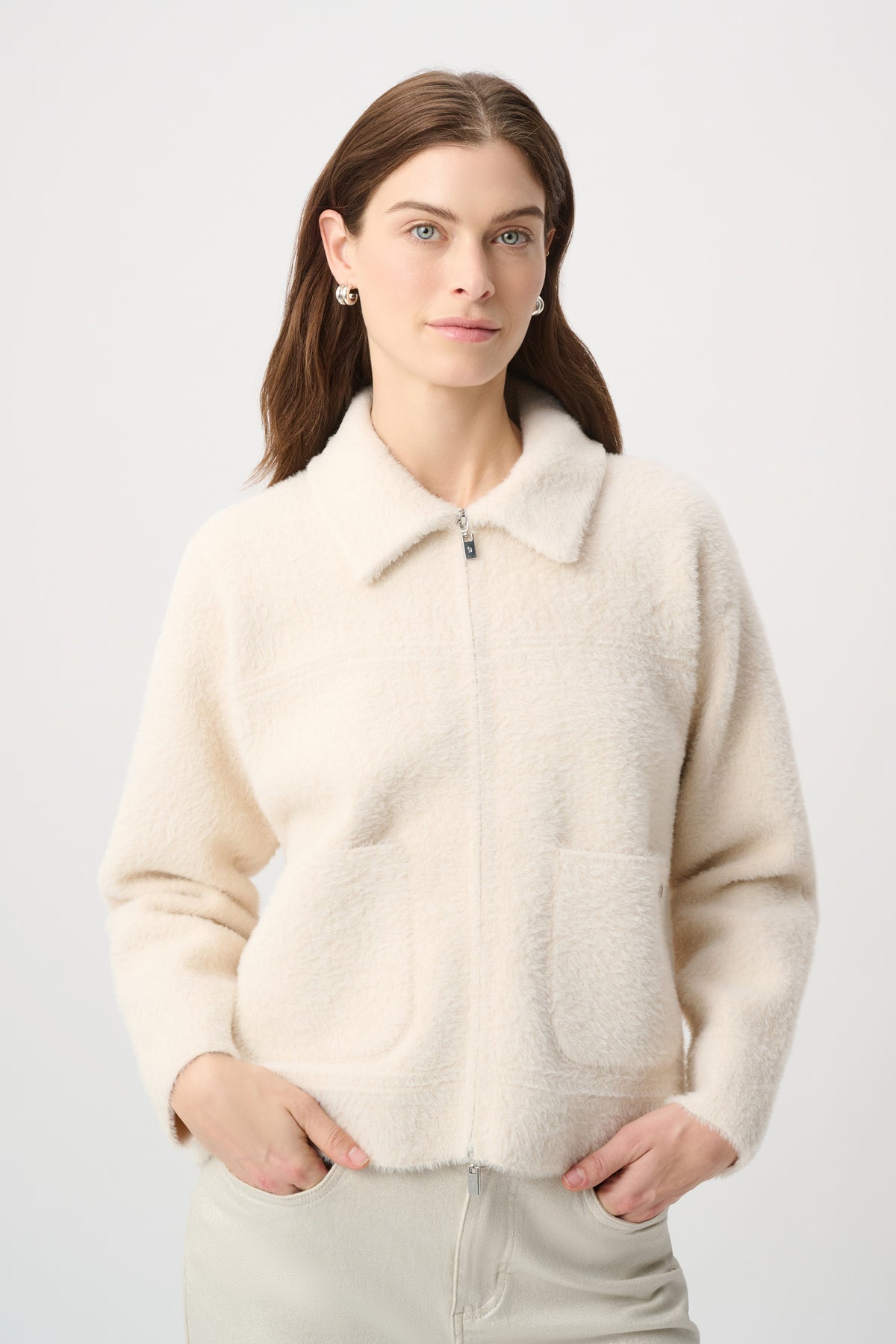 Faux Fur Collar Zip Front Knit Jacket