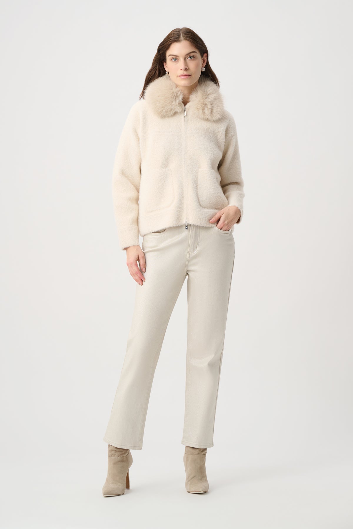 Faux Fur Collar Zip Front Knit Jacket
