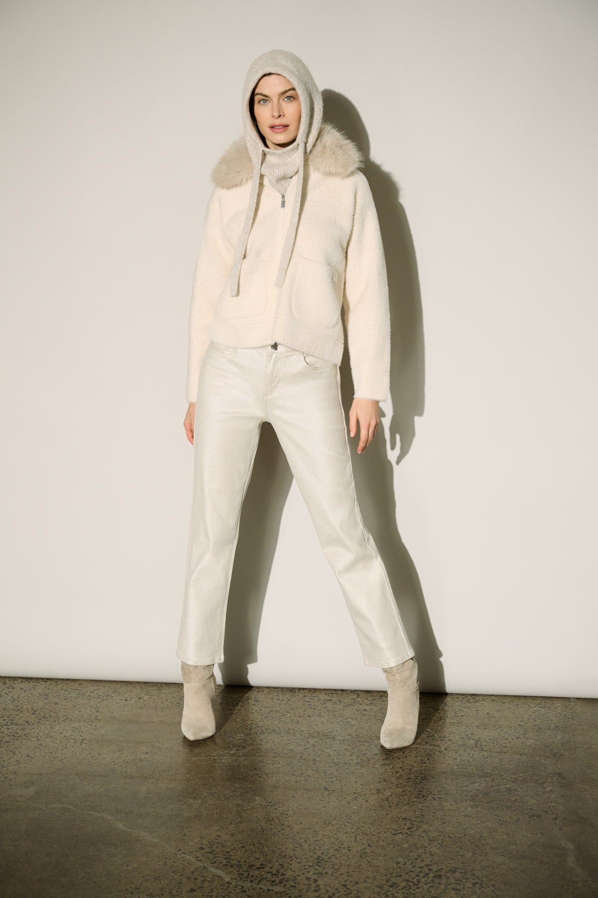 Faux Fur Collar Zip Front Knit Jacket