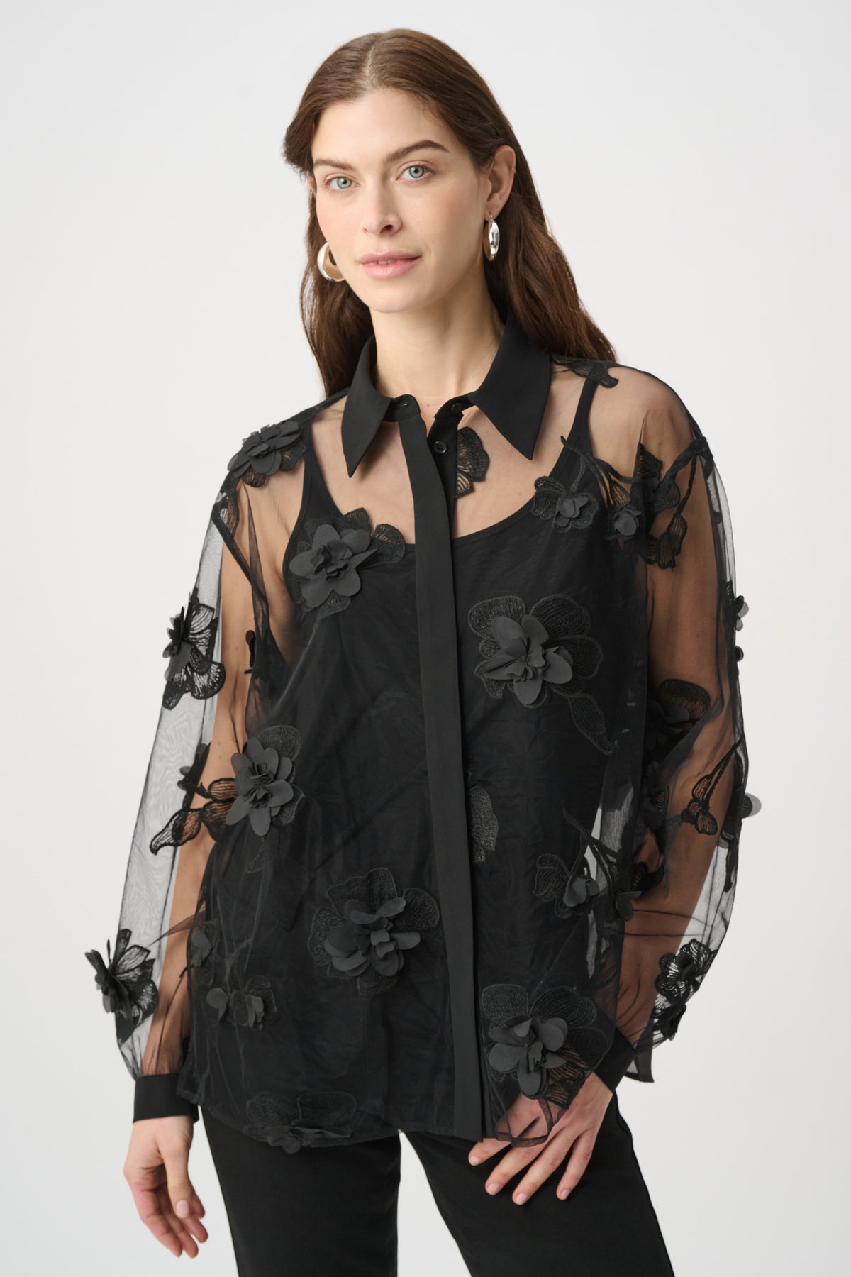Embroidered Flower Applique Mesh Blouse