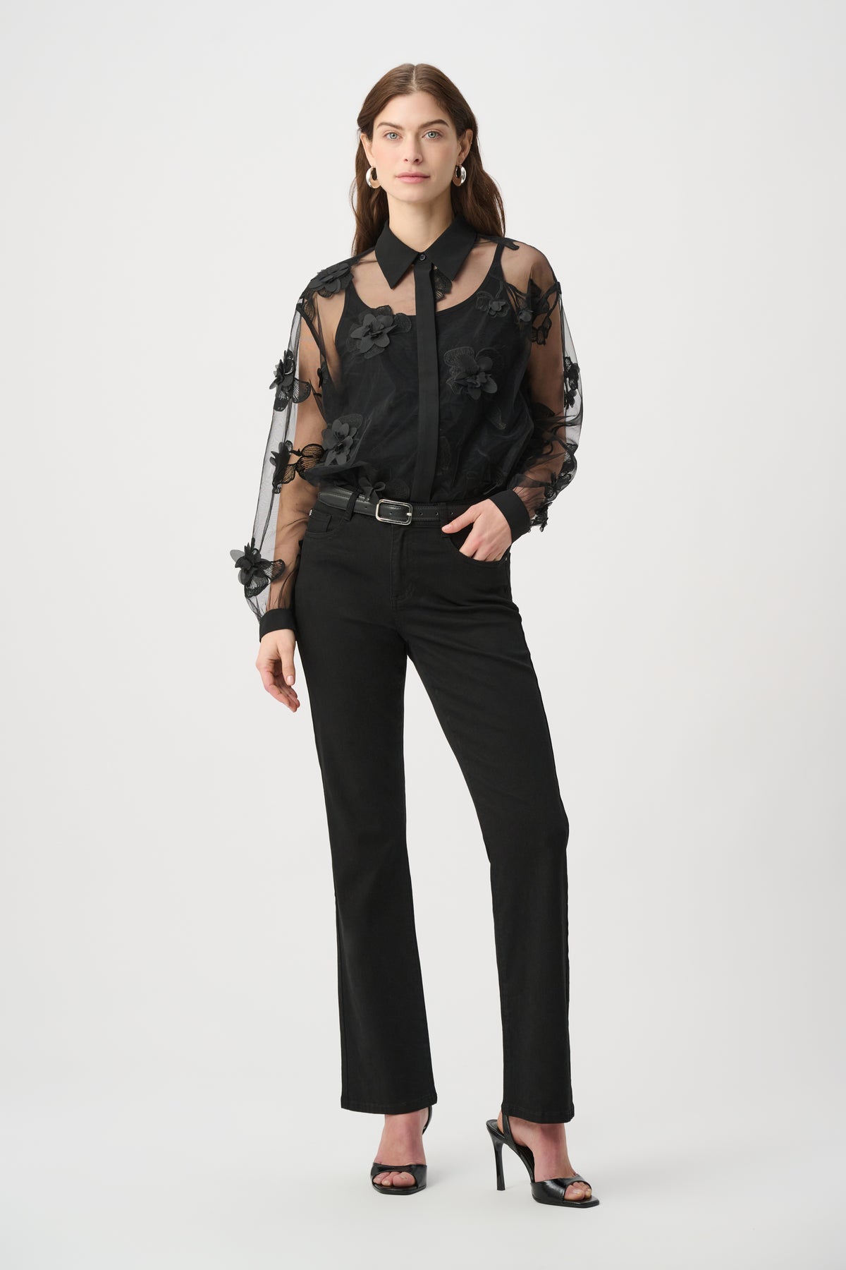 Embroidered Flower Applique Mesh Blouse