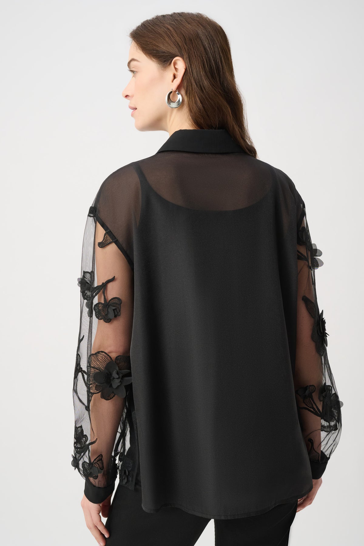 Embroidered Flower Applique Mesh Blouse