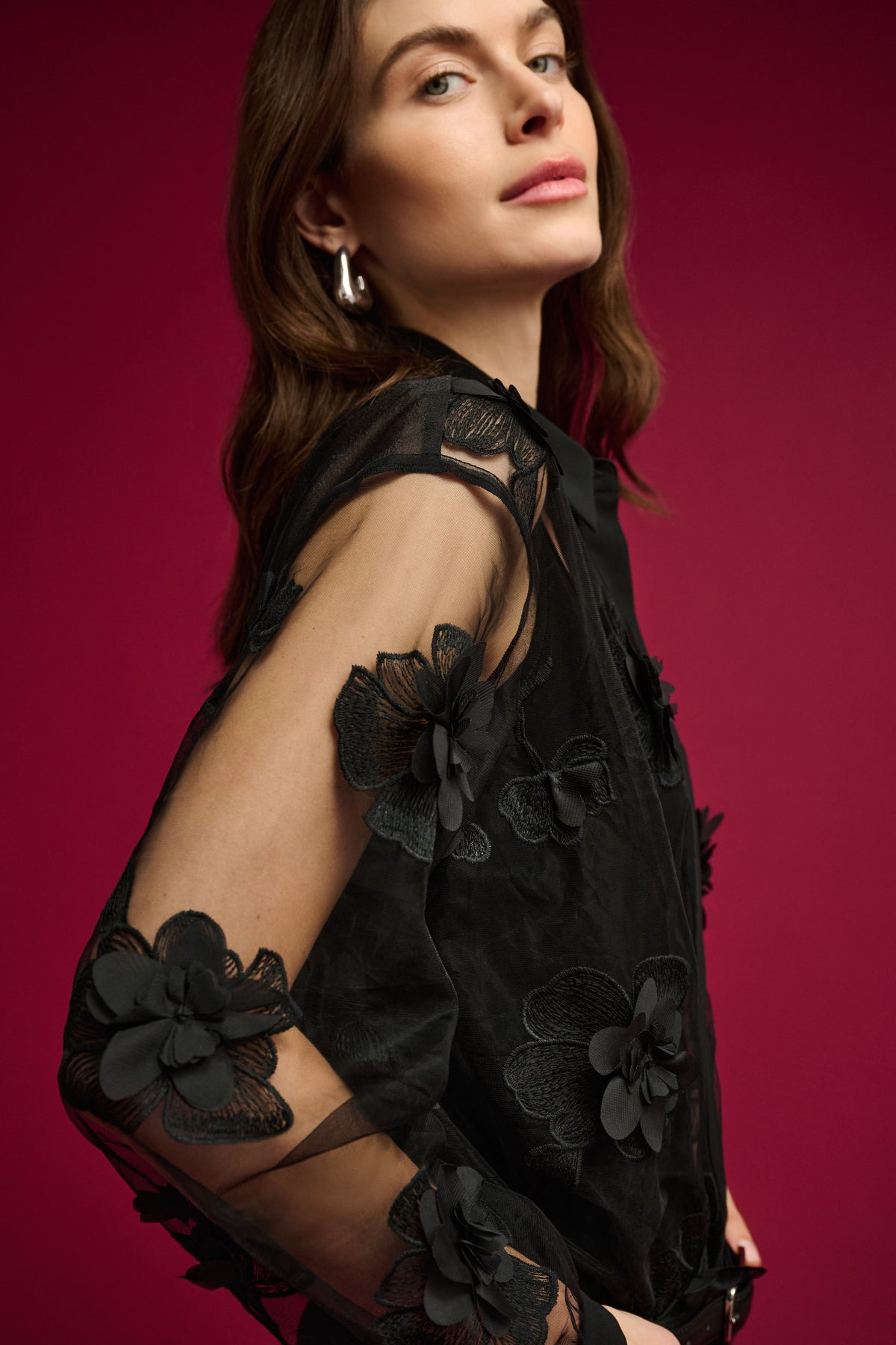 Embroidered Flower Applique Mesh Blouse