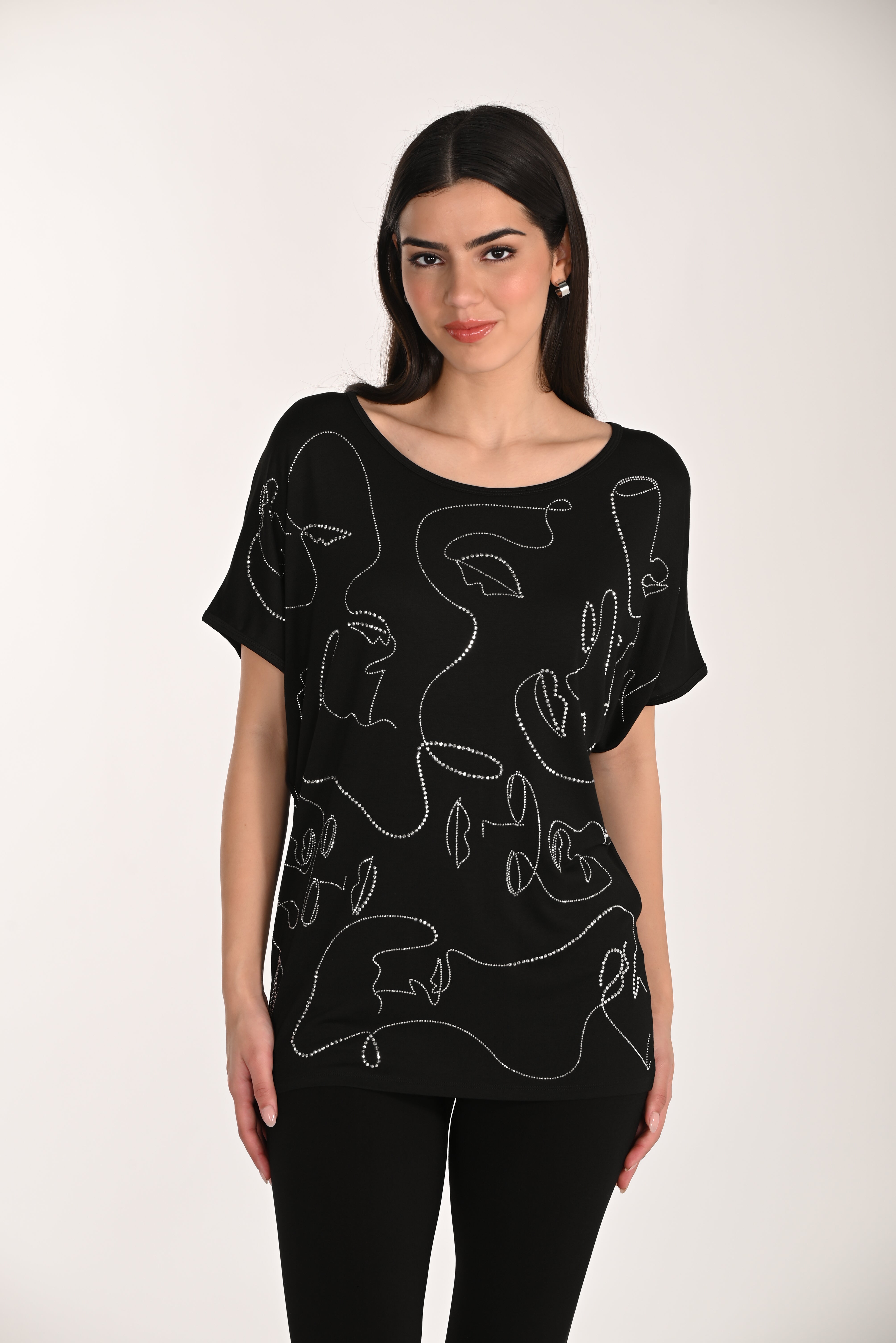 Face Print Stud Short Sleeve Top