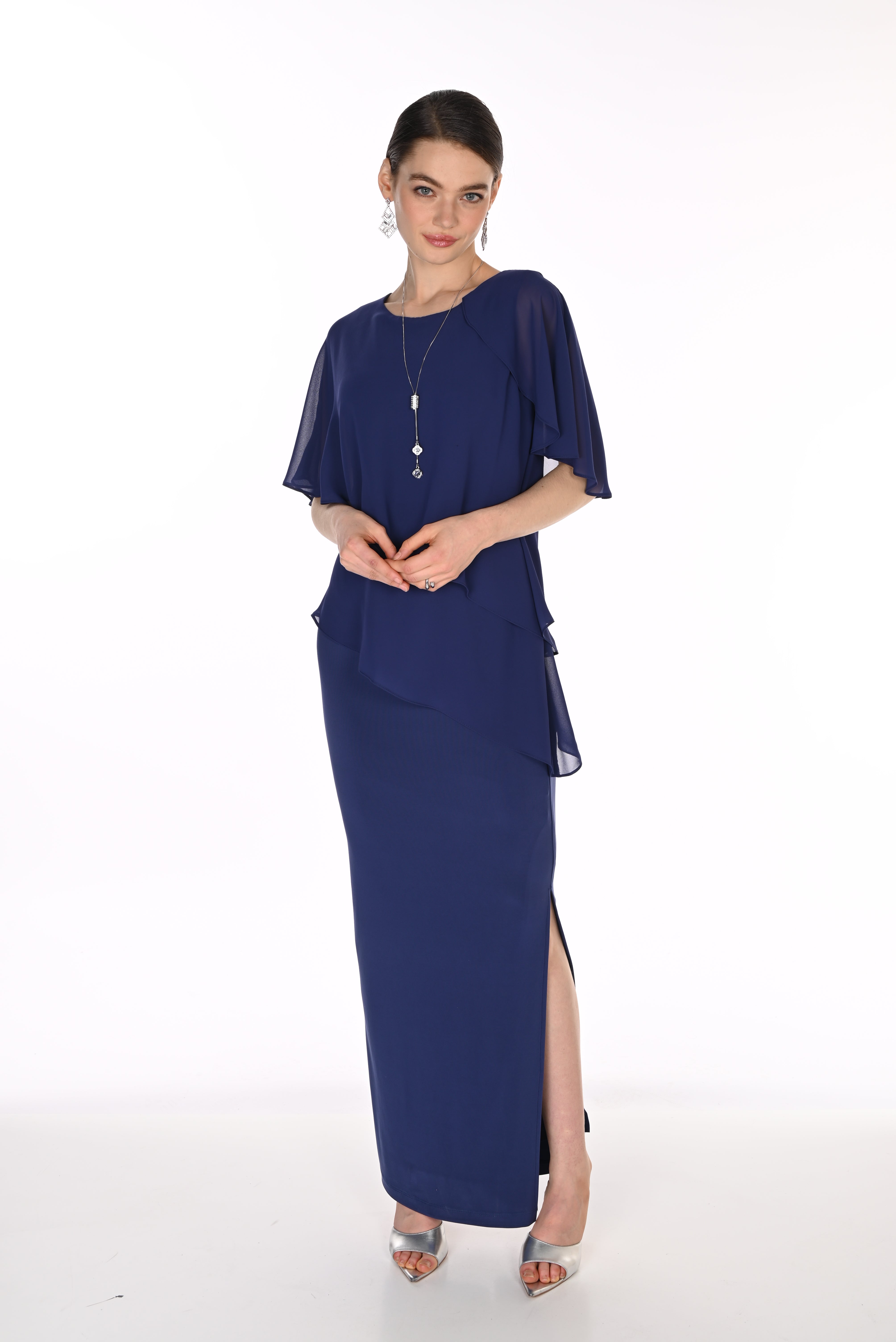 Chiffon Cape Tiered Maxi Dress
