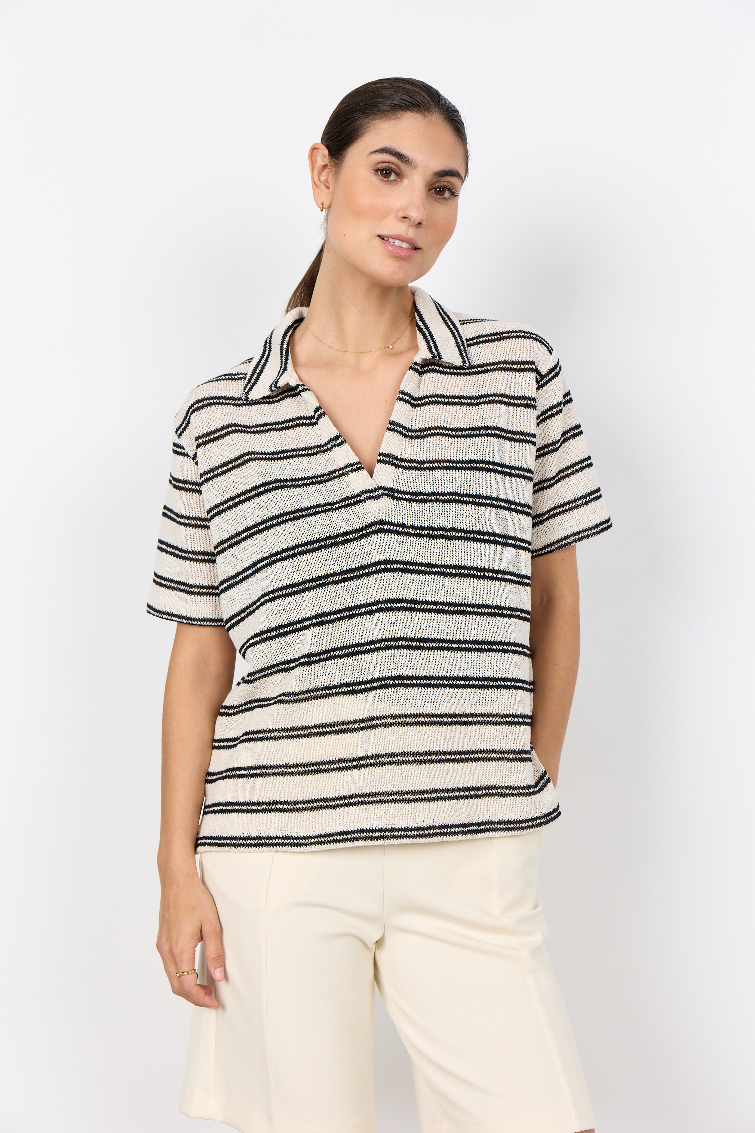 Polo Collar Stripe Knit Top