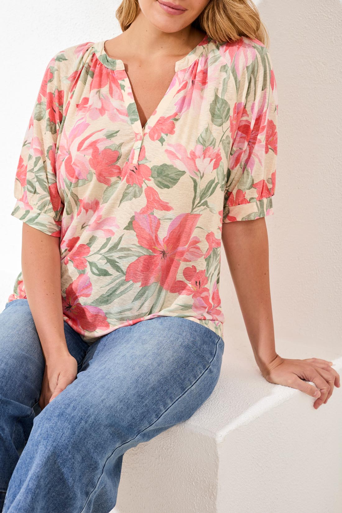Floral Print Linen Blend Top