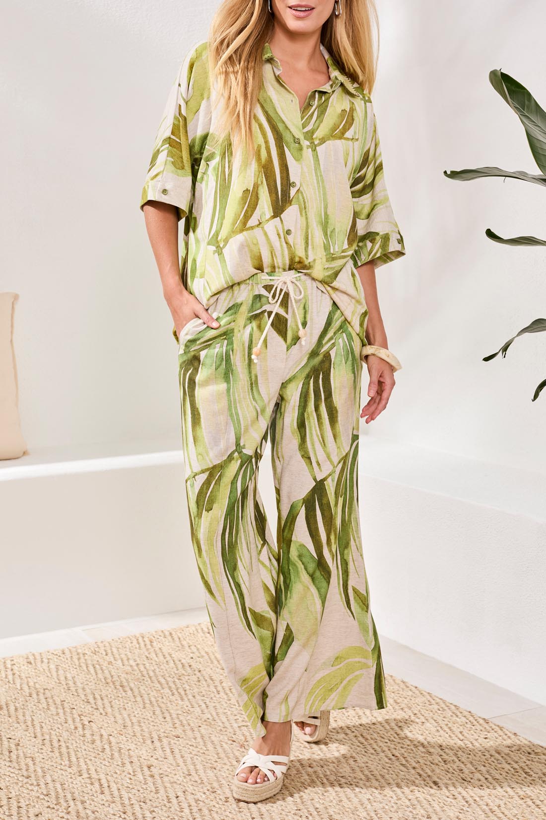 Leaf Print Linen Blend Shirt