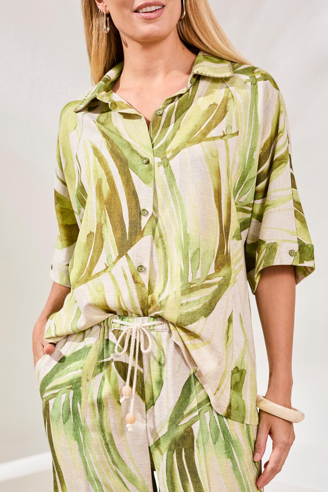 Leaf Print Linen Blend Shirt