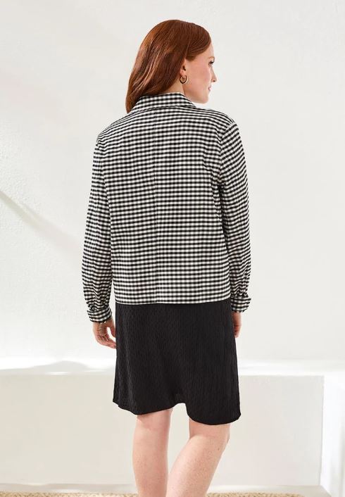 Check Print Button Front Shacket