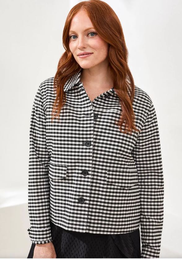 Check Print Button Front Shacket