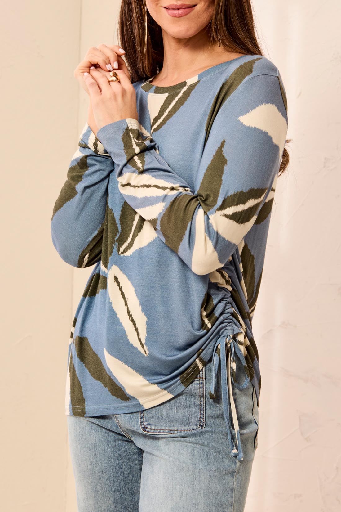 Leaf Print Side Ruch Top