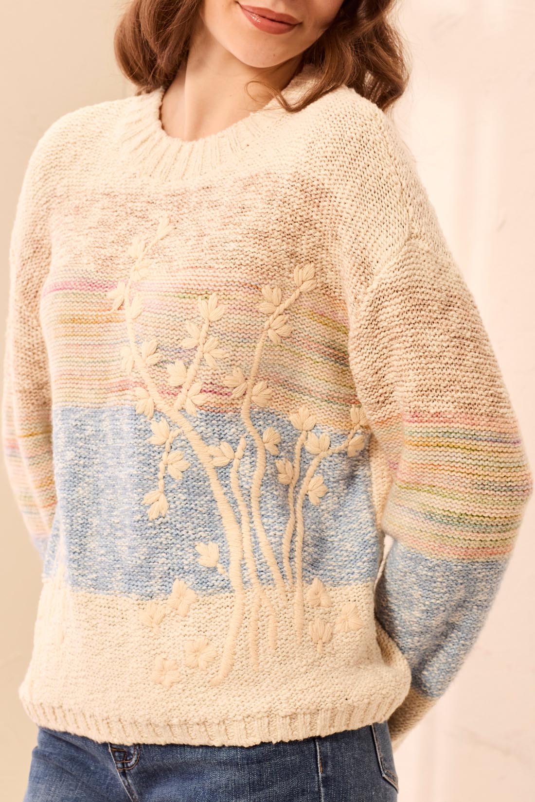 Floral Stitched Stripe Cotton Blend Sweater