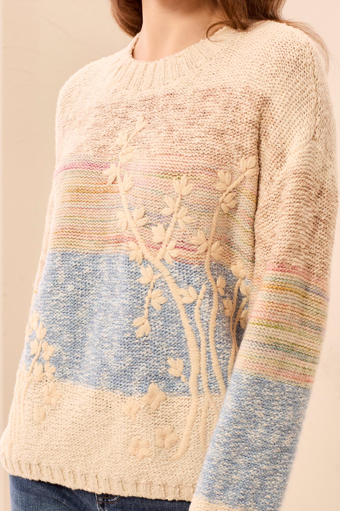 Floral Stitched Stripe Cotton Blend Sweater