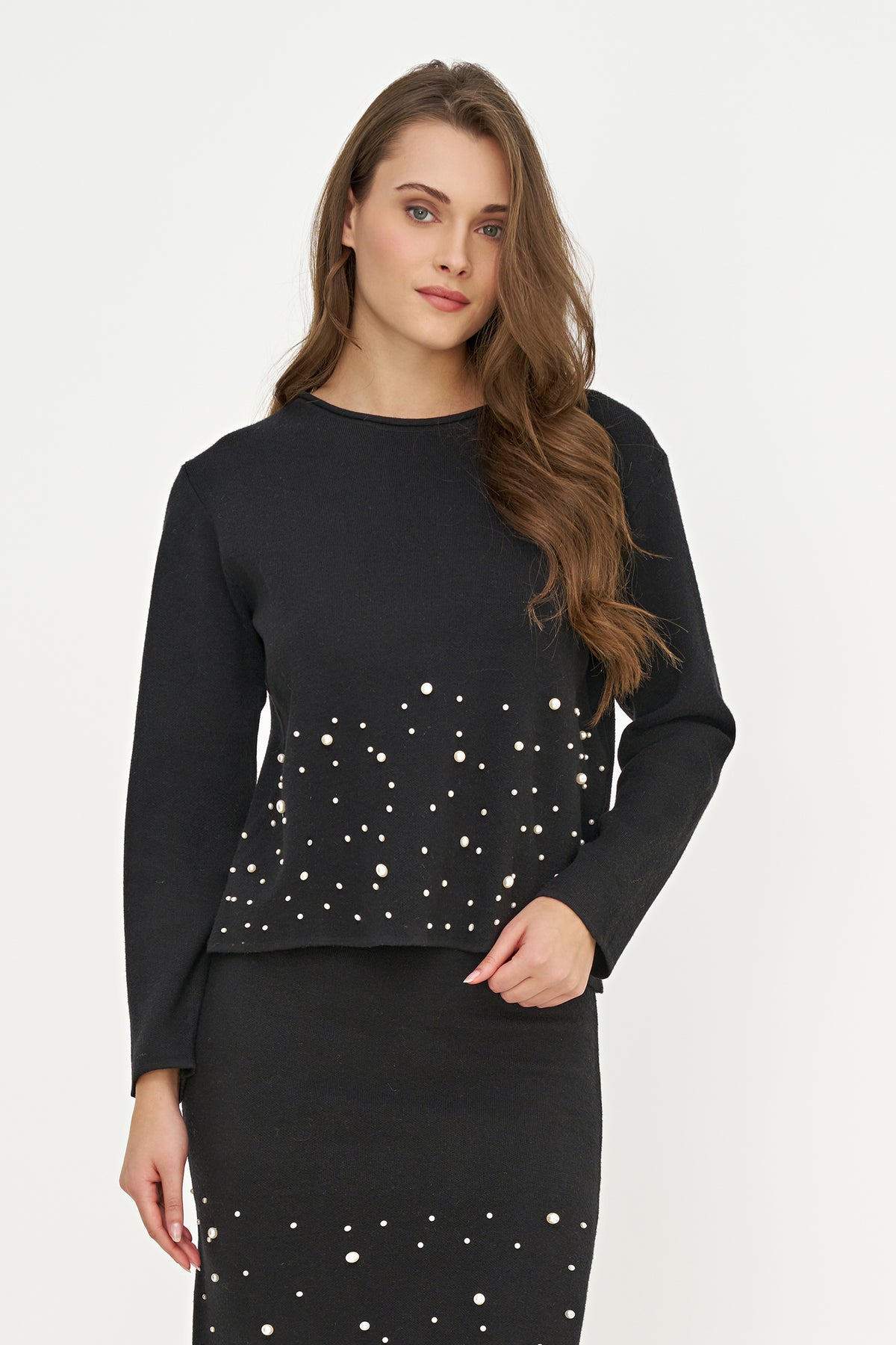 Scoop Neck Pearl Trim Sweater