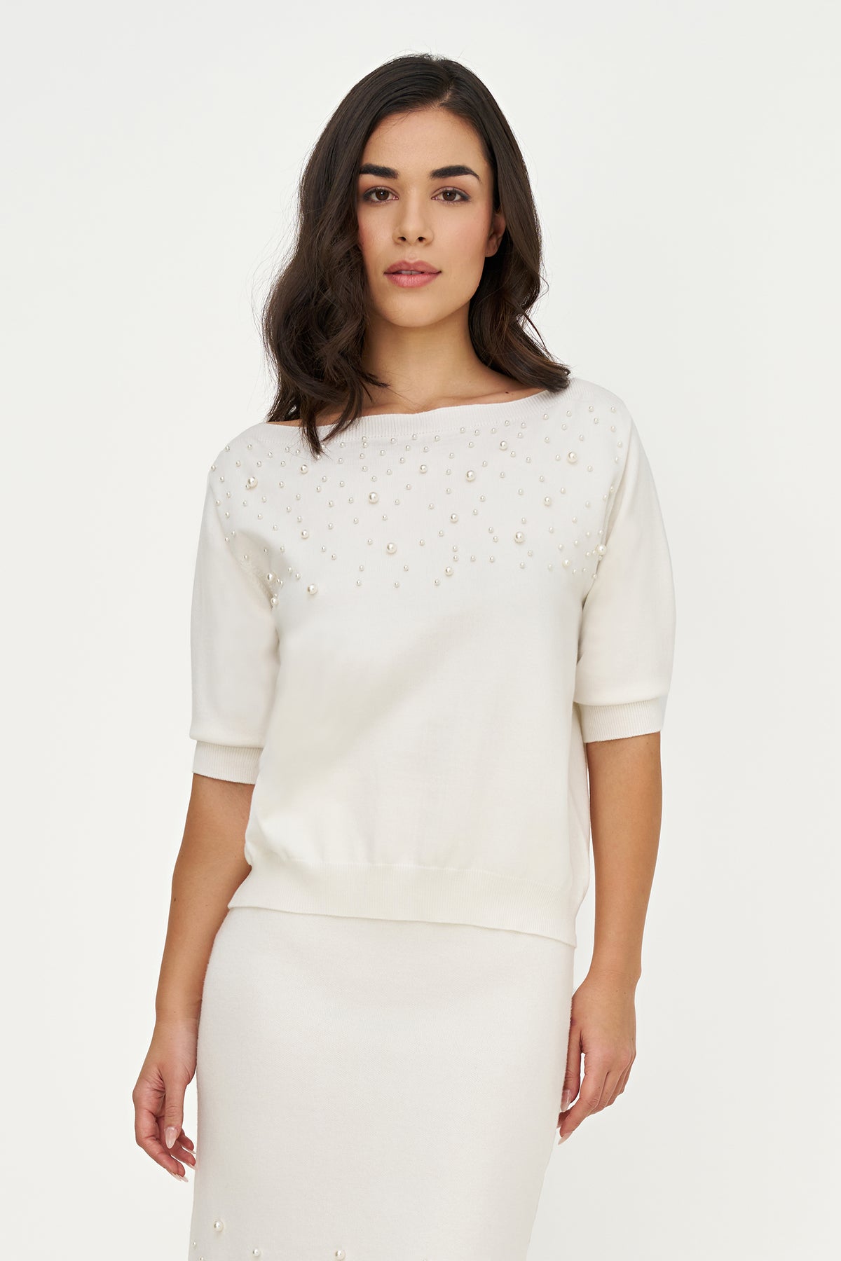 Boat Neck Pearl Trim Sweater