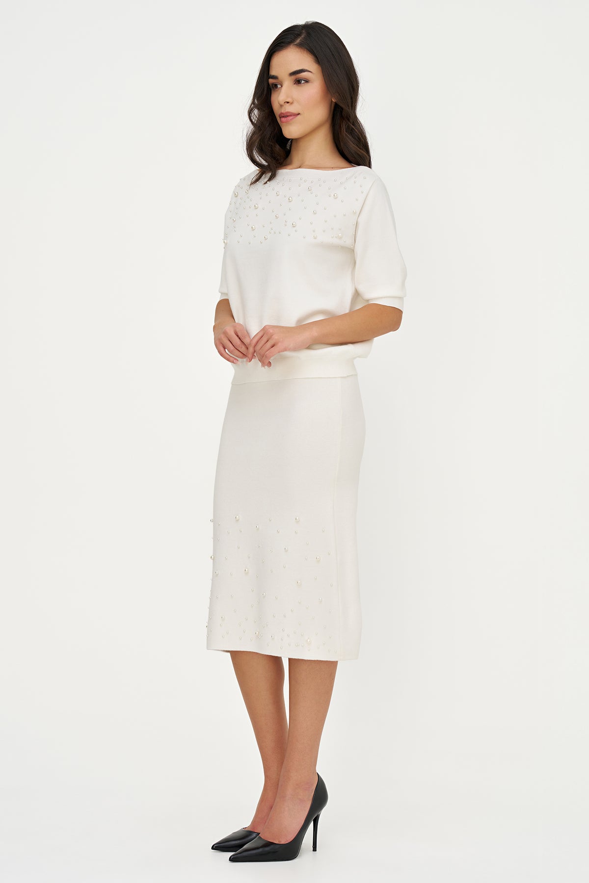 Boat Neck Pearl Trim Sweater