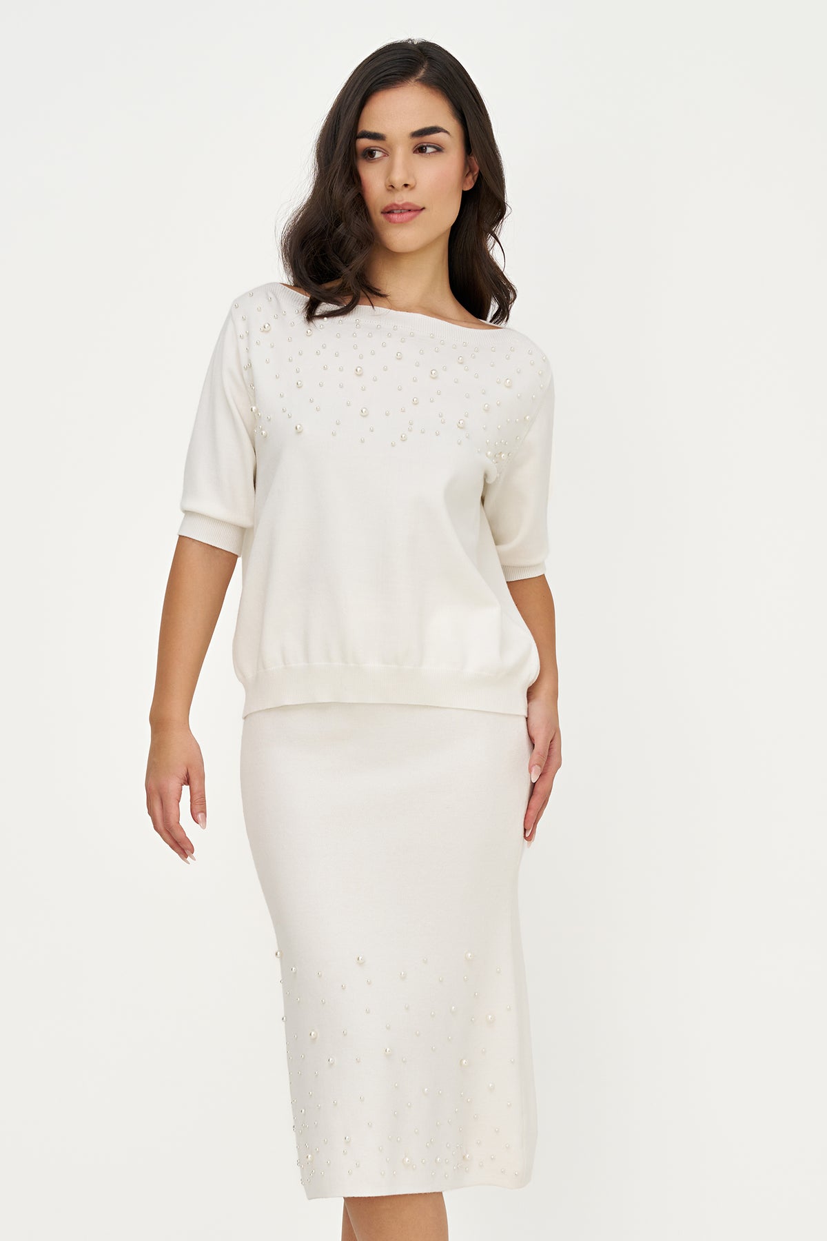 Boat Neck Pearl Trim Sweater