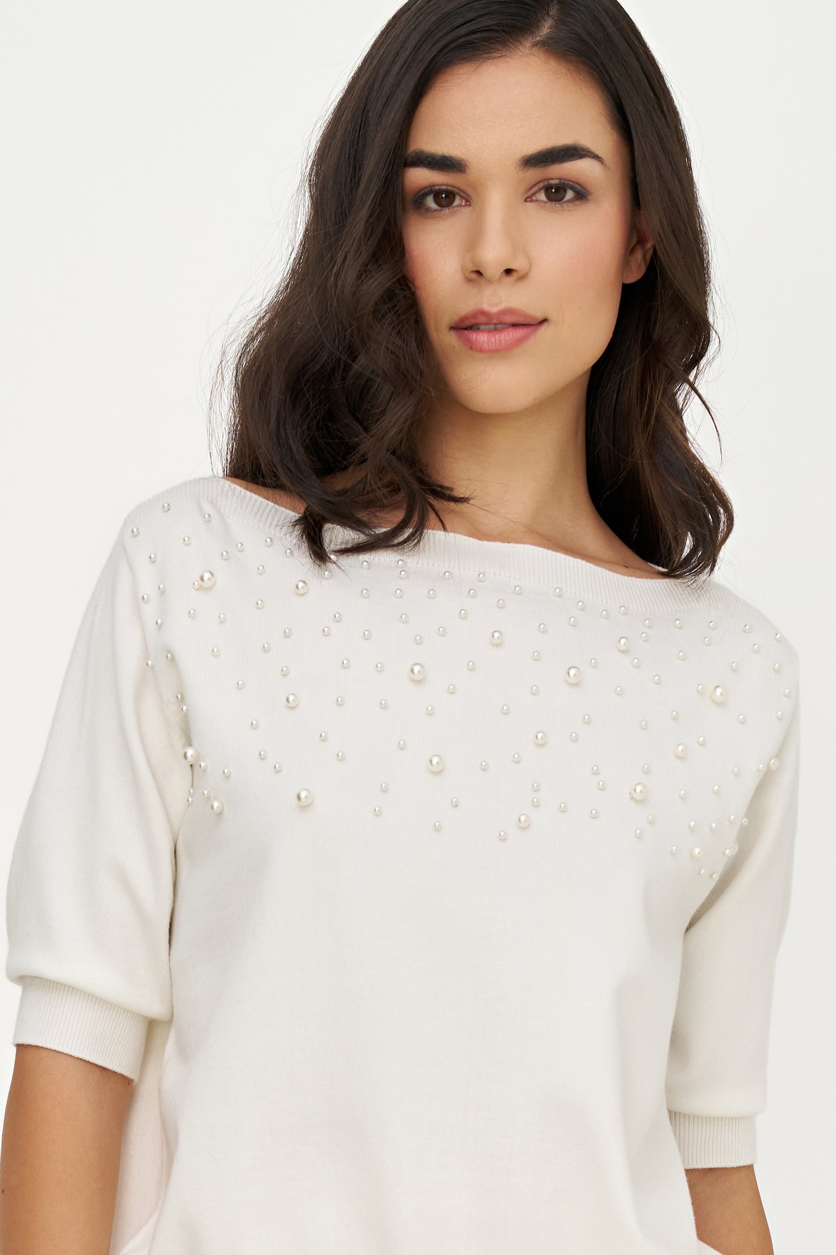Boat Neck Pearl Trim Sweater