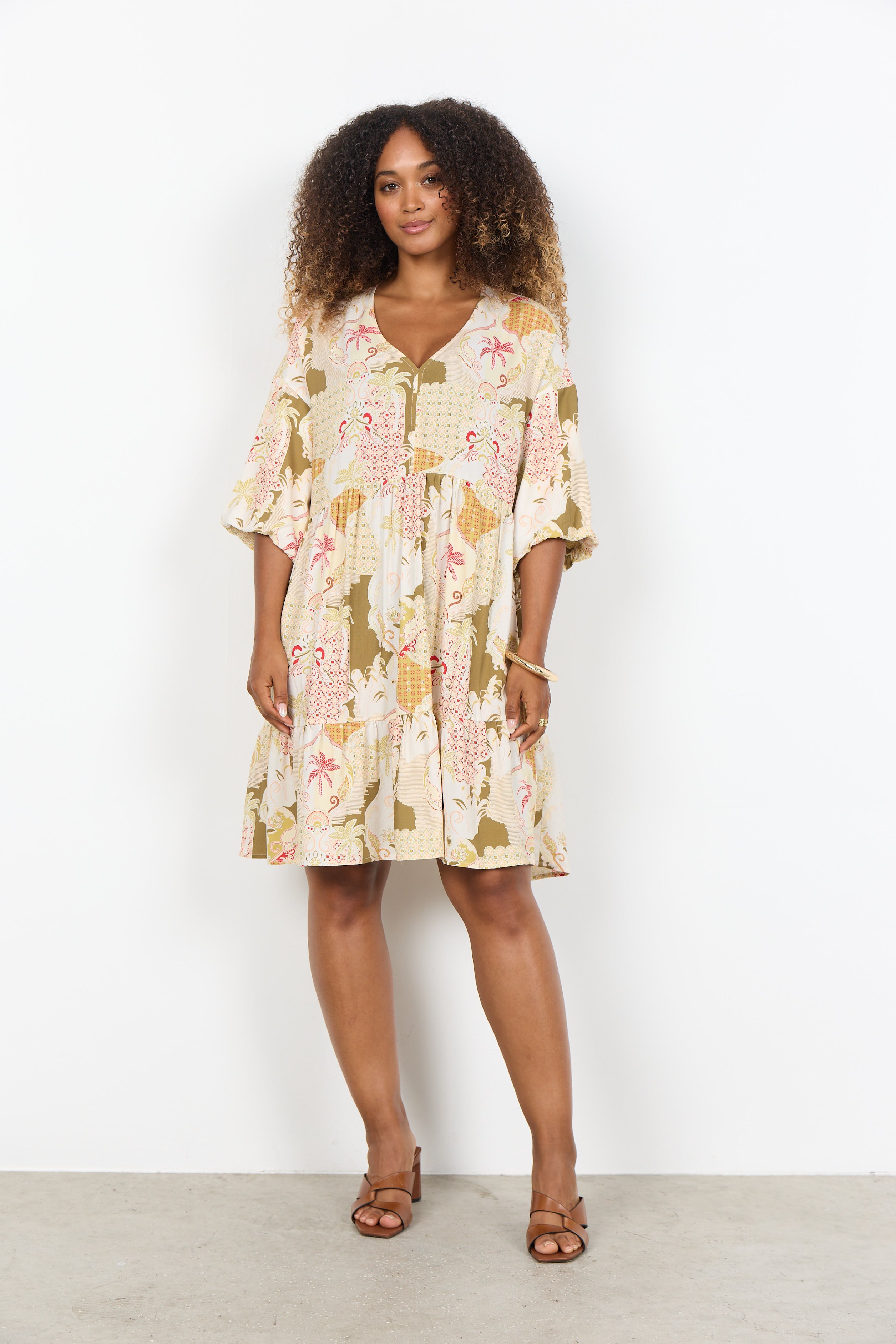 Geometric Print V-neck Tiered Dress