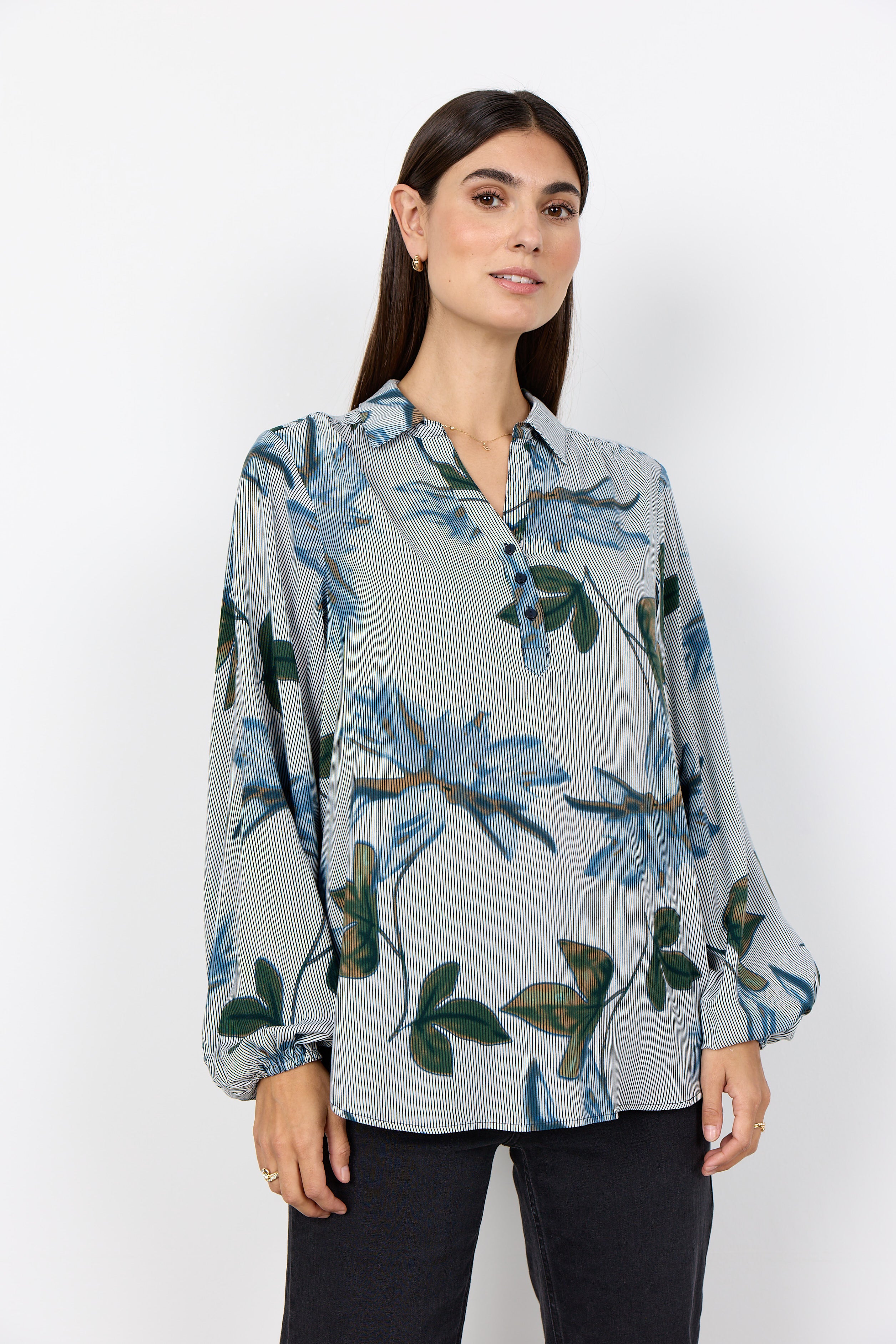 Leaf Print Shirt Collar Top