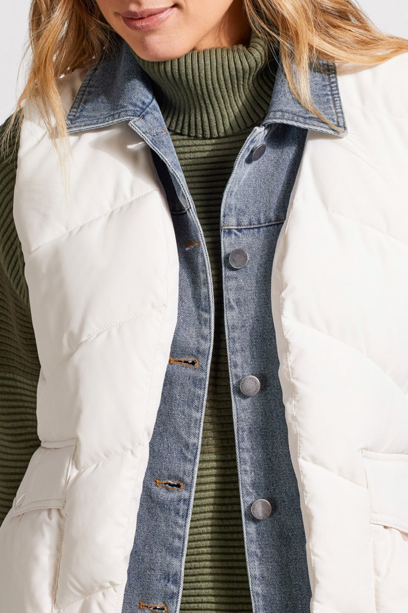 Denim Shirt Trim Puffer Vest